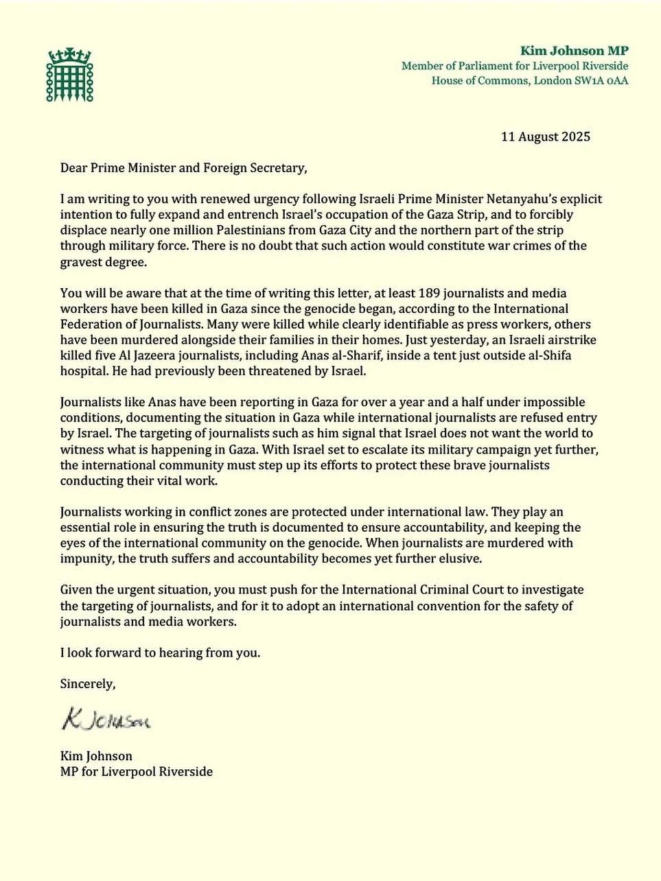 I’ve written to the PM demanding greater global protections for reporters.
At least 189 journalists have been killed in Gaza – many targeted for exposing Israel’s crimes.
This is a war on truth. We must push for an international c