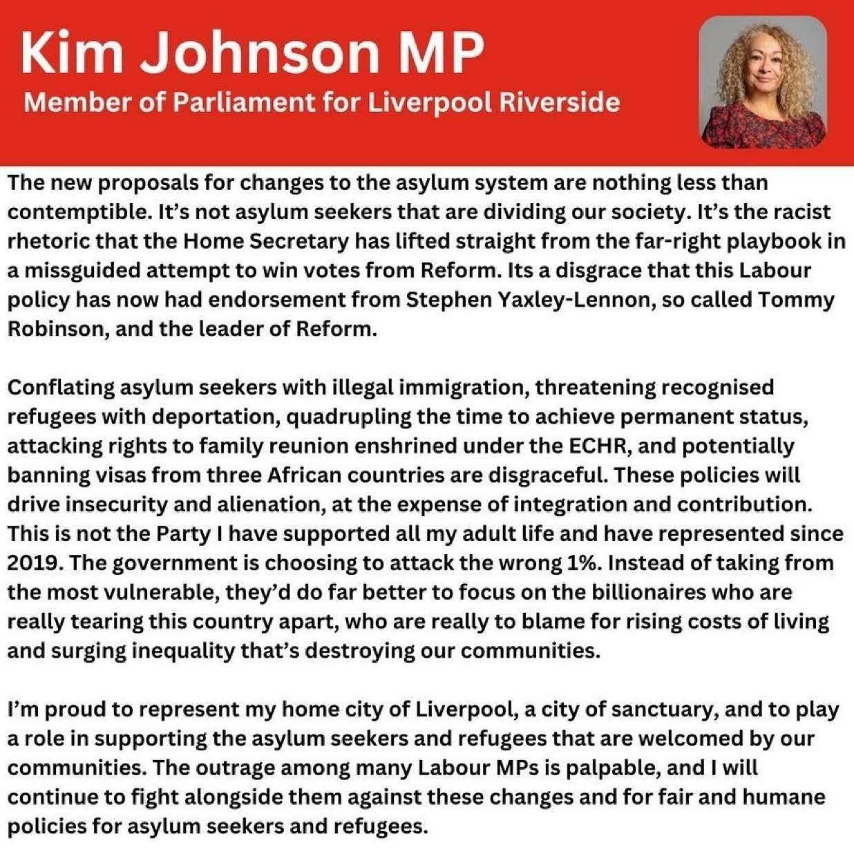 Asylum seekers are not responsible for dividing our society, it&rsquo;s the racist rhetoric and policies taken straight from the far right playbook.

These new policies are nothing short of shameful. The government must think again.

My full statemen