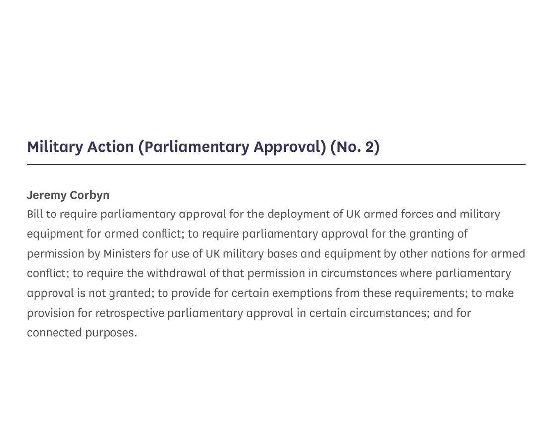 Proud to be a co-sponsor on @jeremycorbyn's bill.

We must have Parliamentary approval for the foreign use of British military bases.

We&rsquo;ve seen too many broken promises &ndash; we cannot be dragged into another illegal war.