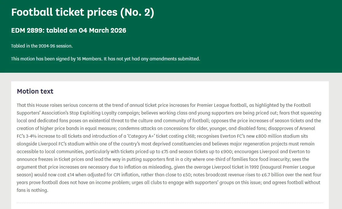 I&rsquo;ve signed @ianbyrnemp_&rsquo;s EDM on ticket pricing in football.

We are sending a clear message to Premier League clubs &ndash; football without fans is nothing.

Stop raising ticket prices.

Stop pricing supporters out of the game.

Stop e
