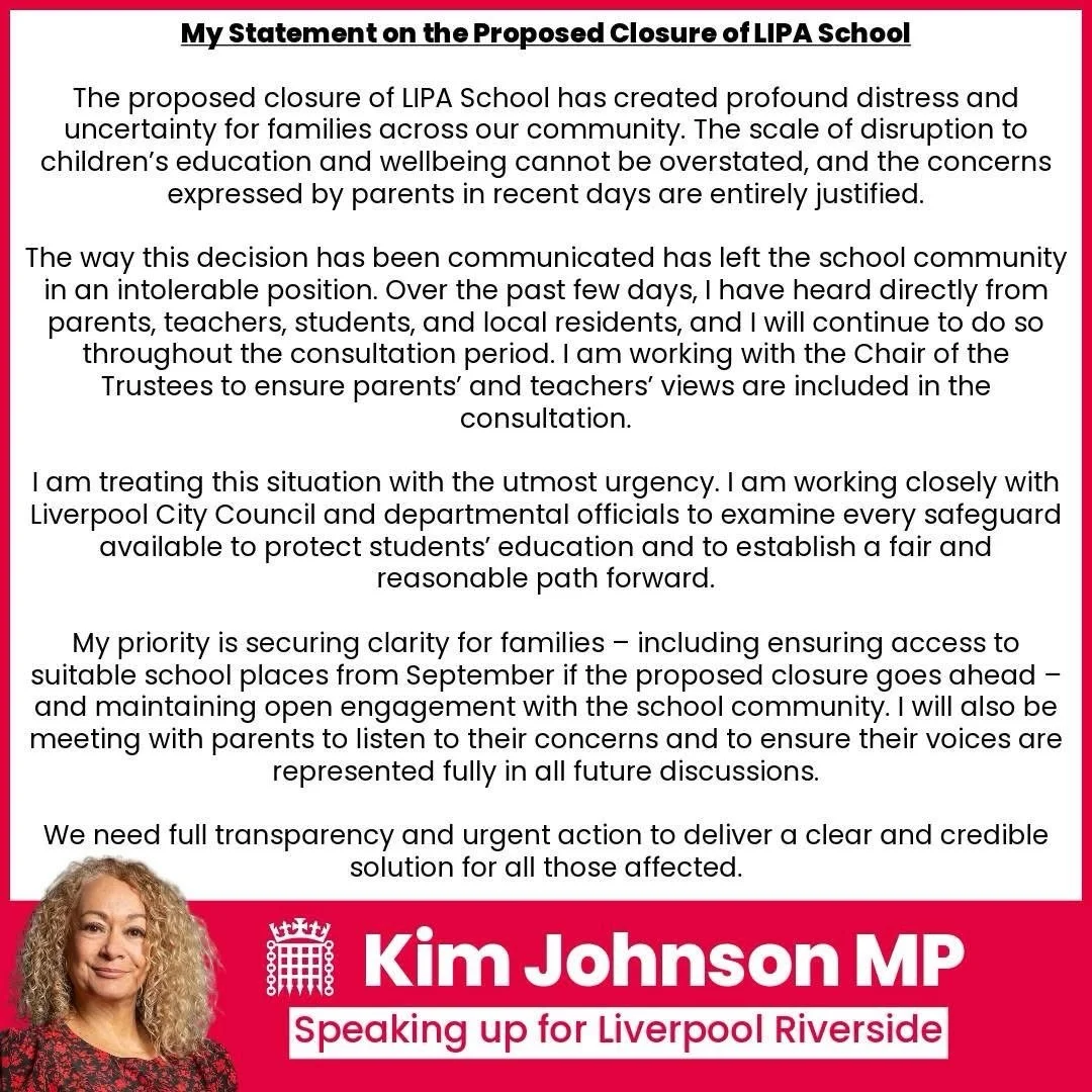 Read my statement on the proposed closure of LIPA School 👆