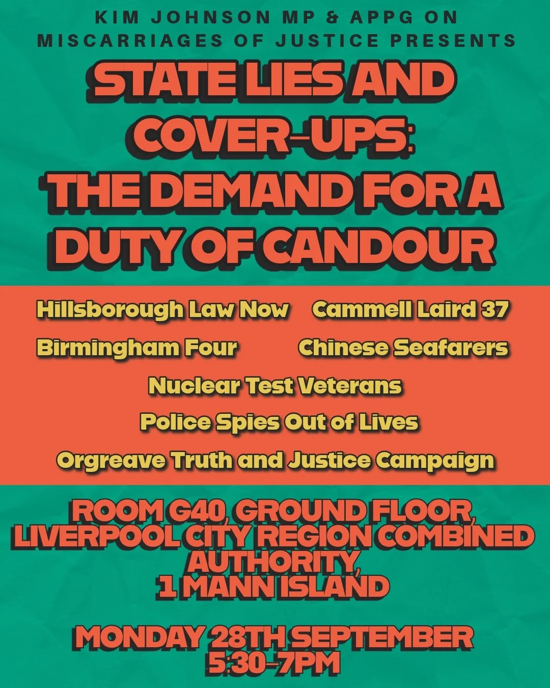 State Lies and Cover-Ups: The Demand for a Duty of Candour

📍 Liverpool City Region Authority, 1 Mann Island, L3 1BP
🗓️ Monday 28 September
⏰ 17:30-19:00pm

I am hosting a powerful panel discussion at Labour Party Conference with the APPG on Miscar