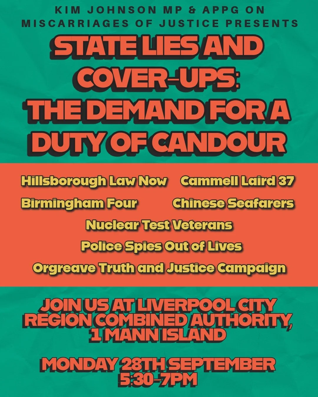 State Lies and Cover-Ups: The Demand for a Duty of Candour

📍 Liverpool City Region Authority, 1 Mann Island, L3 1BP
🗓️ Monday 28 September 
⏰ 17:30-19:00pm

I am hosting a powerful panel discussion at Labour Party Conference with the APPG on Misca