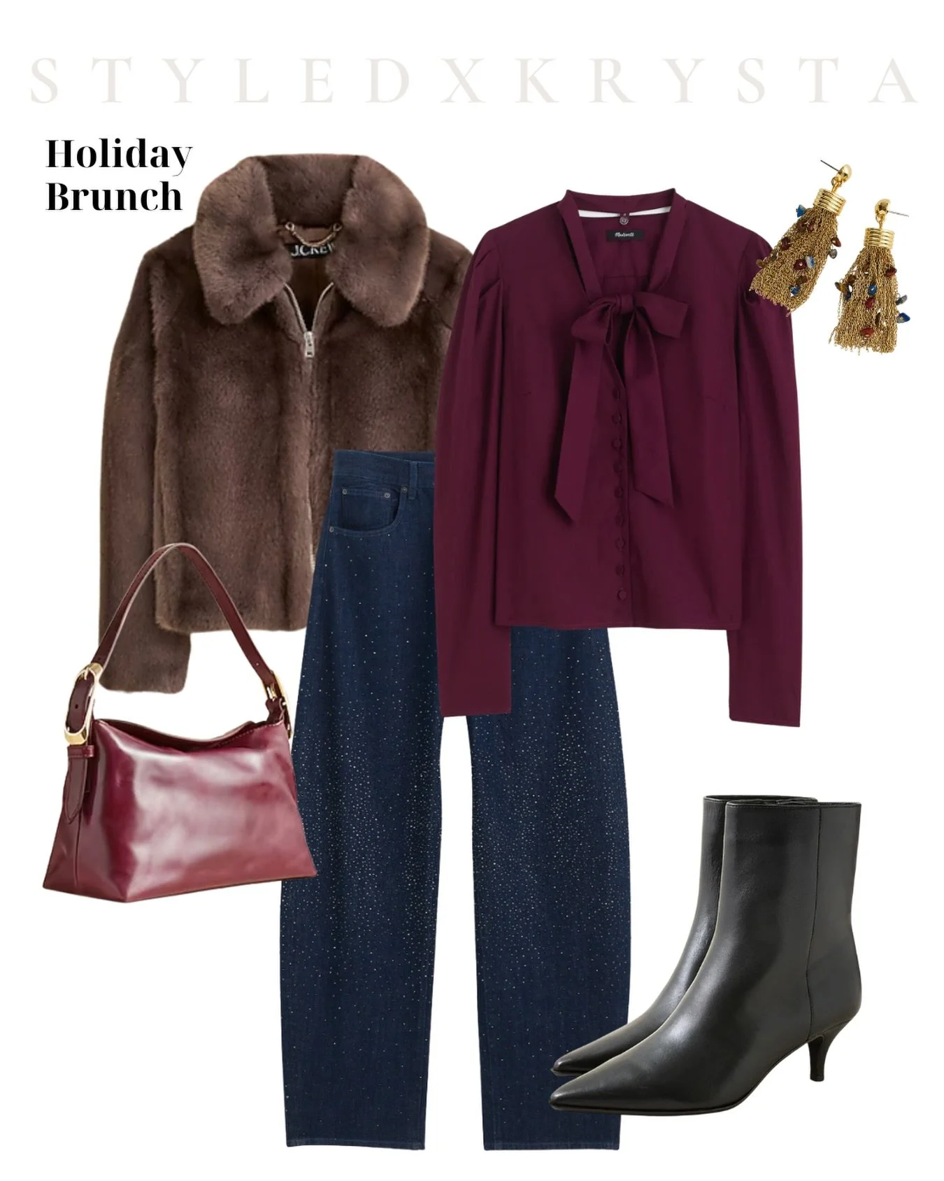 Holiday style, elevated: rich burgundy, cozy fur, classic denim, and a little sparkle to seal the deal 💫 

Comment &lsquo;shop&rsquo; to get these links to your inbox! 

#ootd #holidayootd #holidayoutfit #xmasoutfit #ootn #personalstylist