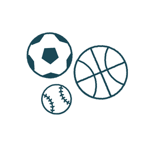 Illustration of sports balls: a soccer ball, a basketball, and a baseball.
