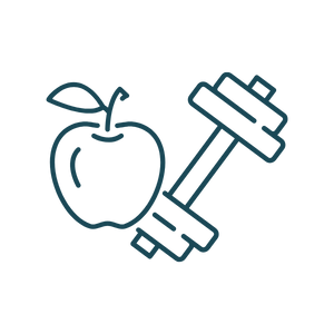 Line drawing of an apple with a small leaf and a dumbbell.