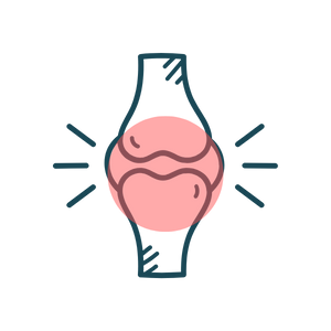 A minimalist illustration of a knee joint with a red circle showing joint pain