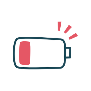 A cartoon-style battery icon with a low charge level, indicated by a red section at the bottom, and red exclamation marks above it signaling low battery.