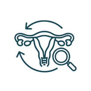 Line drawing of a female reproductive system with a magnifying glass highlighting the uterus and fallopian tubes.