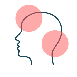A graphic illustration of a human head in profile with red circles representing pain associated with headaches and migraines