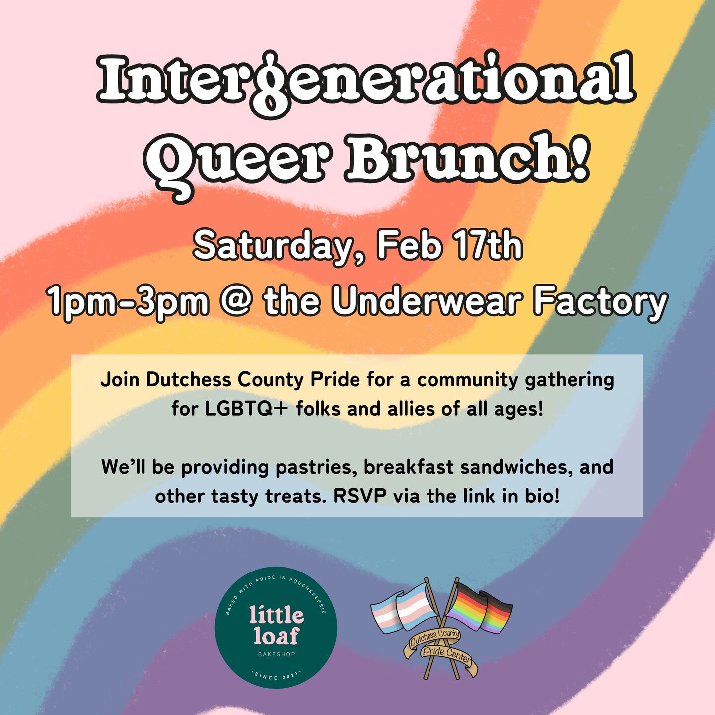 Join us &amp; @dutchesspride next Saturday, February 17th rom 1pm-3pm at @pkunderwearfactory for a community gathering for LGBTQ+ folks and allies of all ages to come together and break bread! 🥐

We&rsquo;ll be providing pastries, breakfast sandwich