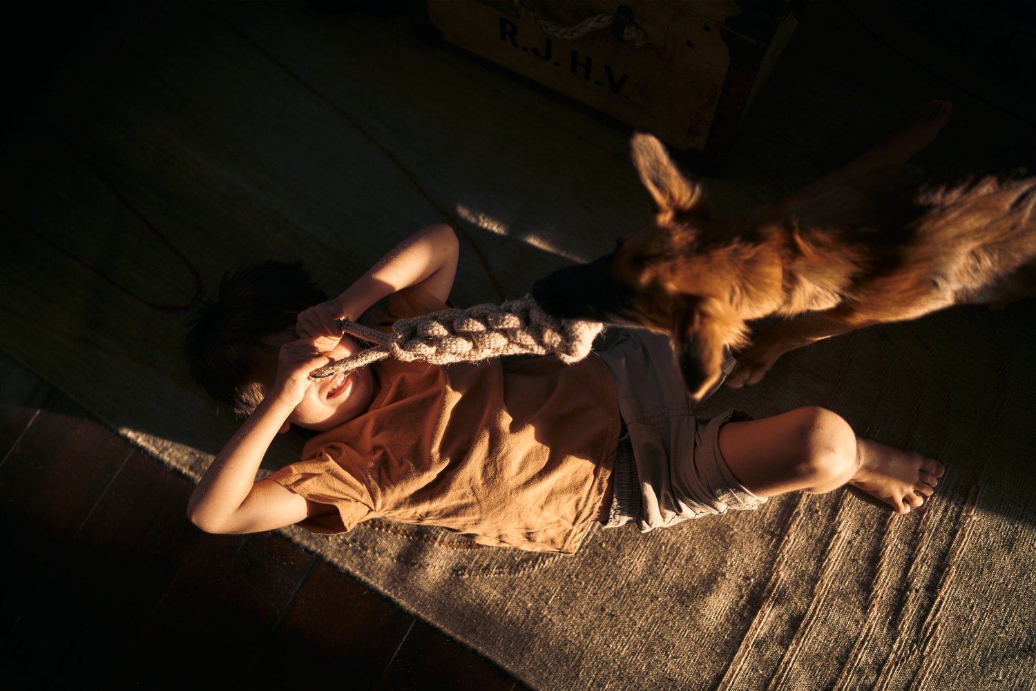 CHILD LYING ON A RUG, PLAYING WITH A DOG IN A DIMLY LIT ROOM. THE CHILD IS HOLDING A ROPE TOY, AND THE DOG IS REACHING OUT TO GRAB IT.
