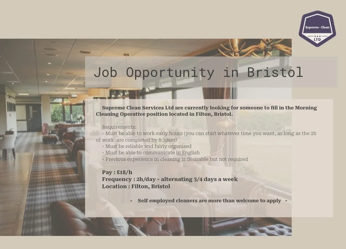 We are hiring in Filton, Bristol

For more info visit : https://www.supremecleanltd.co.uk/recruitment