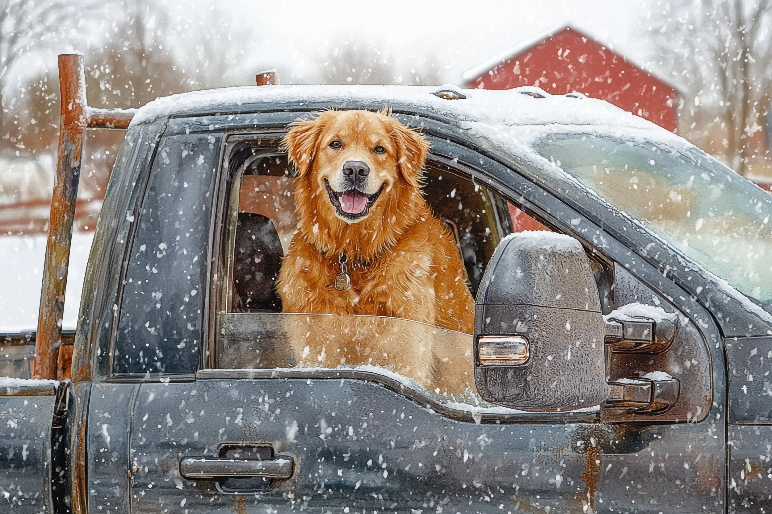 A golden retriever looks happily from the window of a snow-covered work truck during a winter storm.