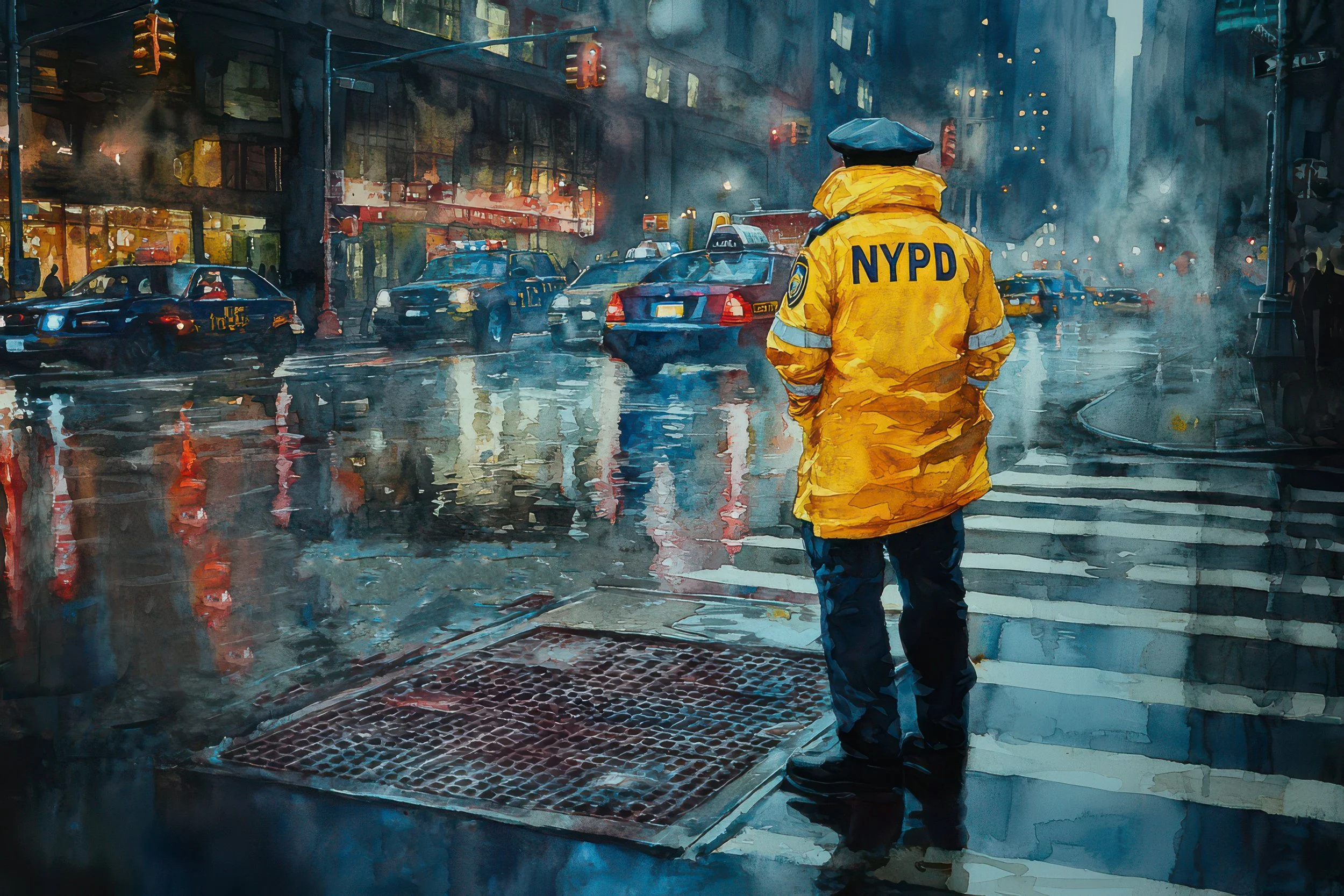A New York City police officer in a bright yellow raincoat stands watch over a rain-soaked Manhattan intersection filled with taxis and reflected city lights.