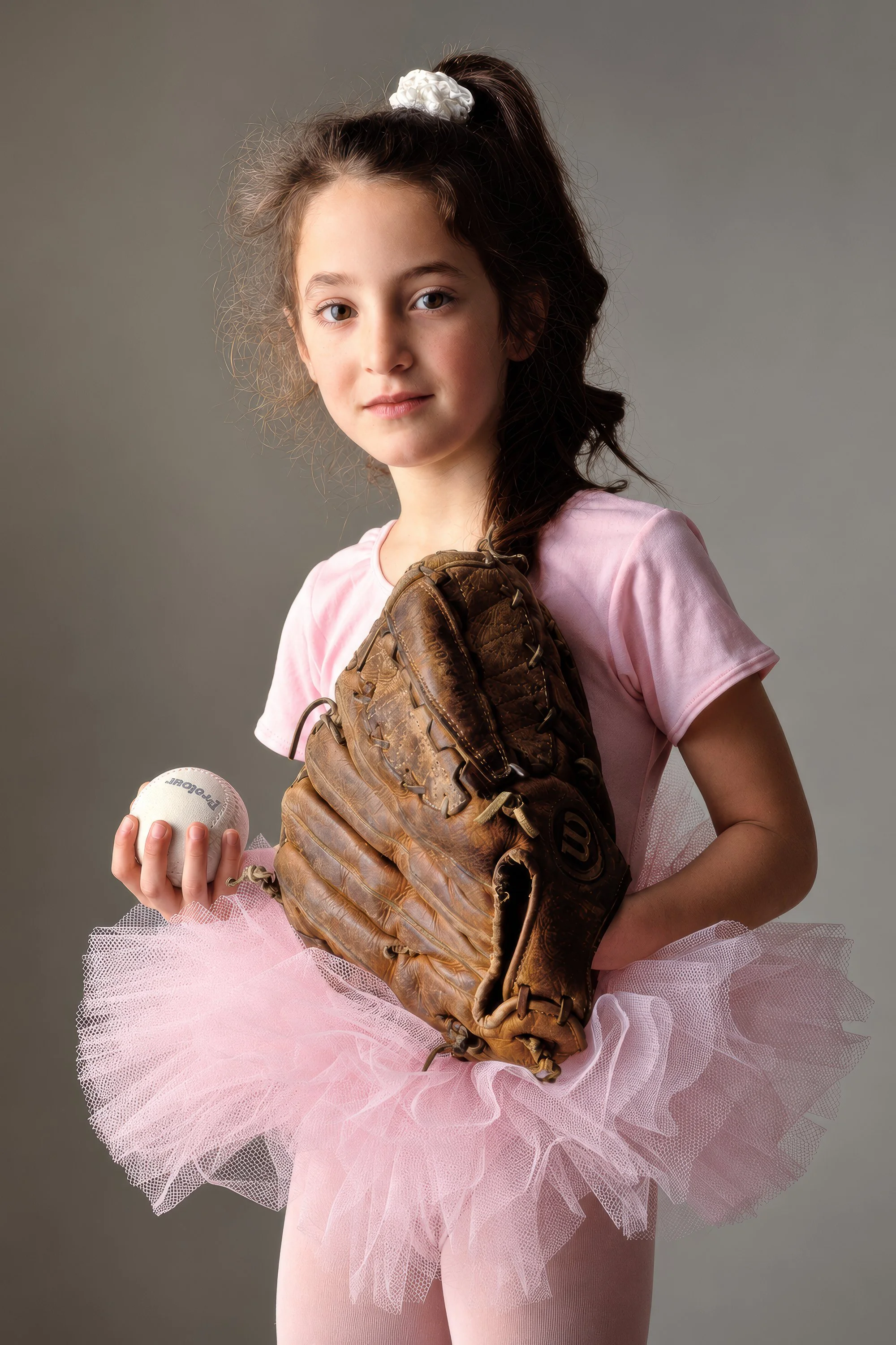 Girl in a pink ballet tutu holding a baseball and an oversized leather glove against a gray studio background.