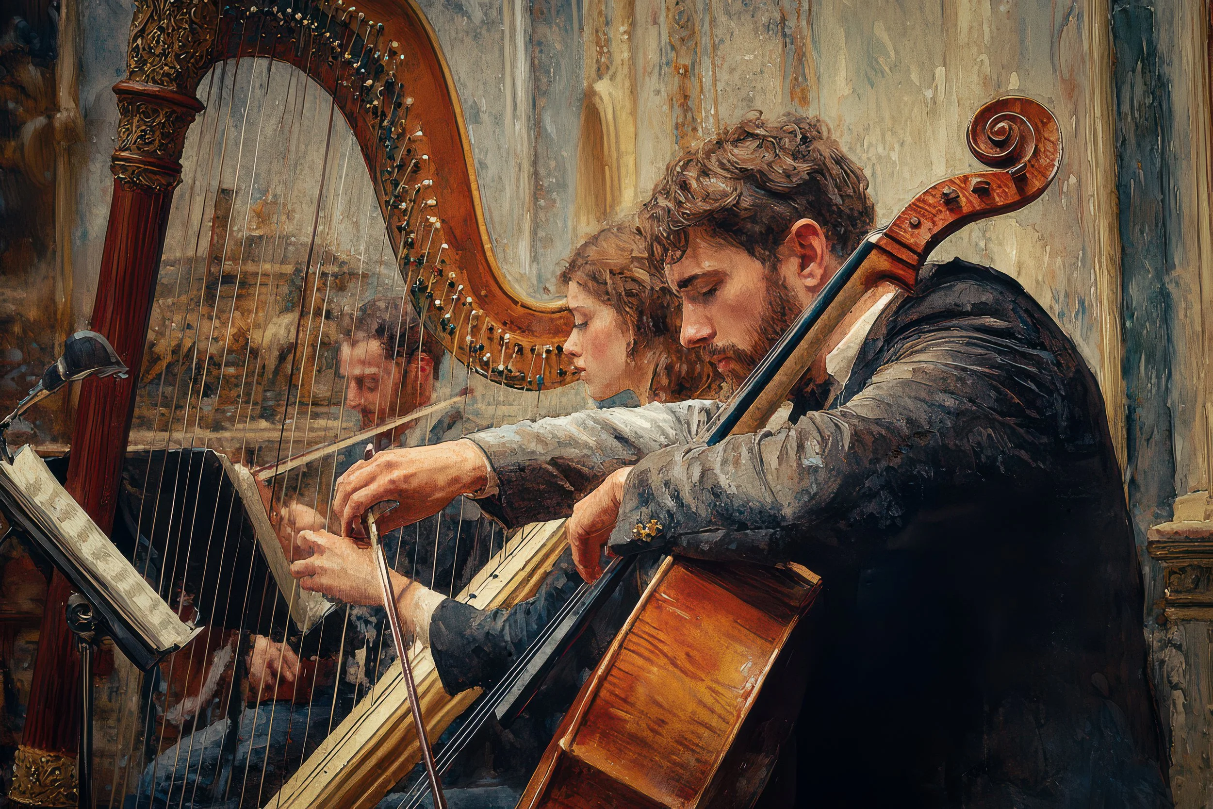 A cellist and harpist perform together inside an ornate concert hall.