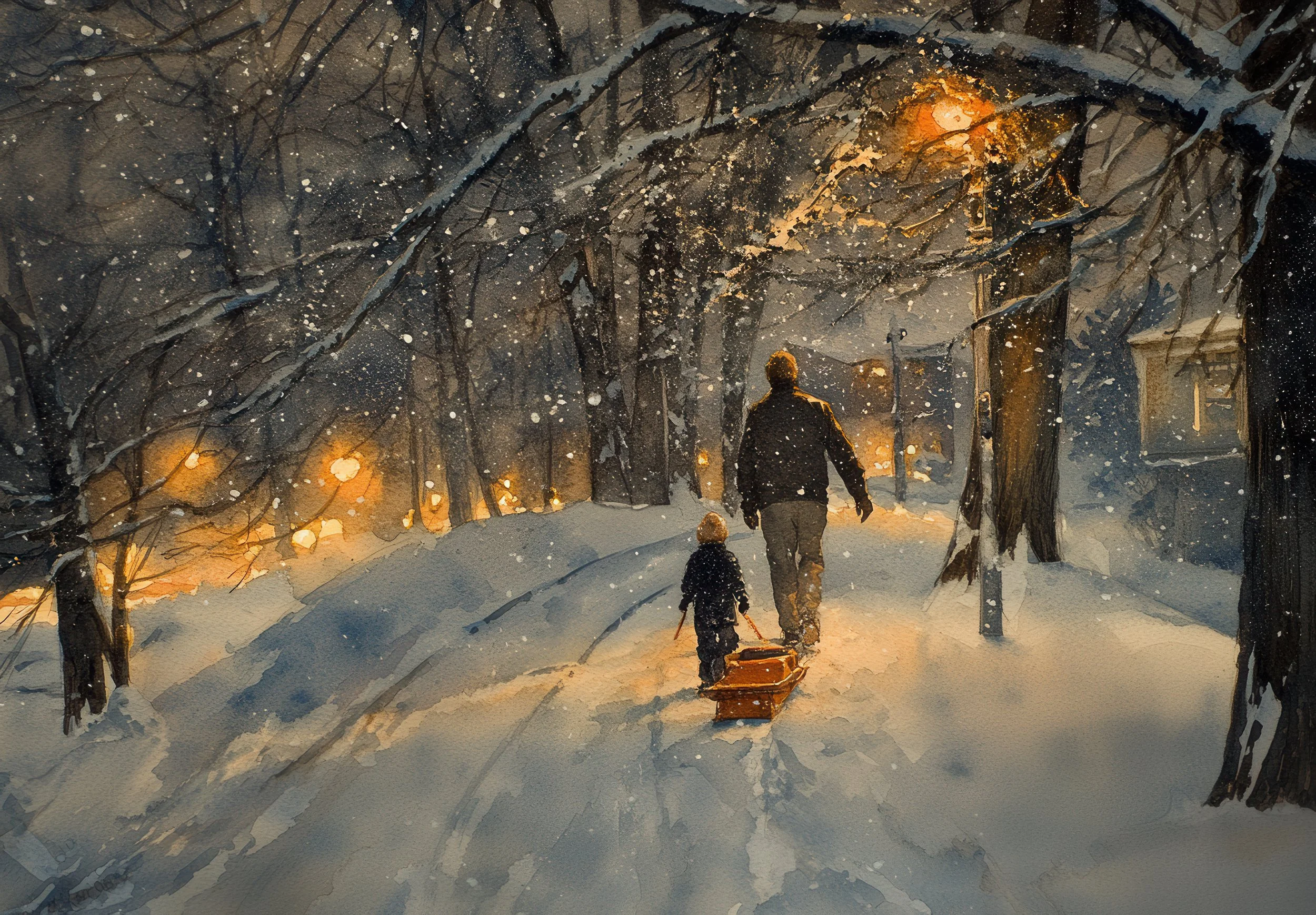 An adult and young child pull a wooden sled along a snow-covered neighborhood road beneath glowing streetlights.
