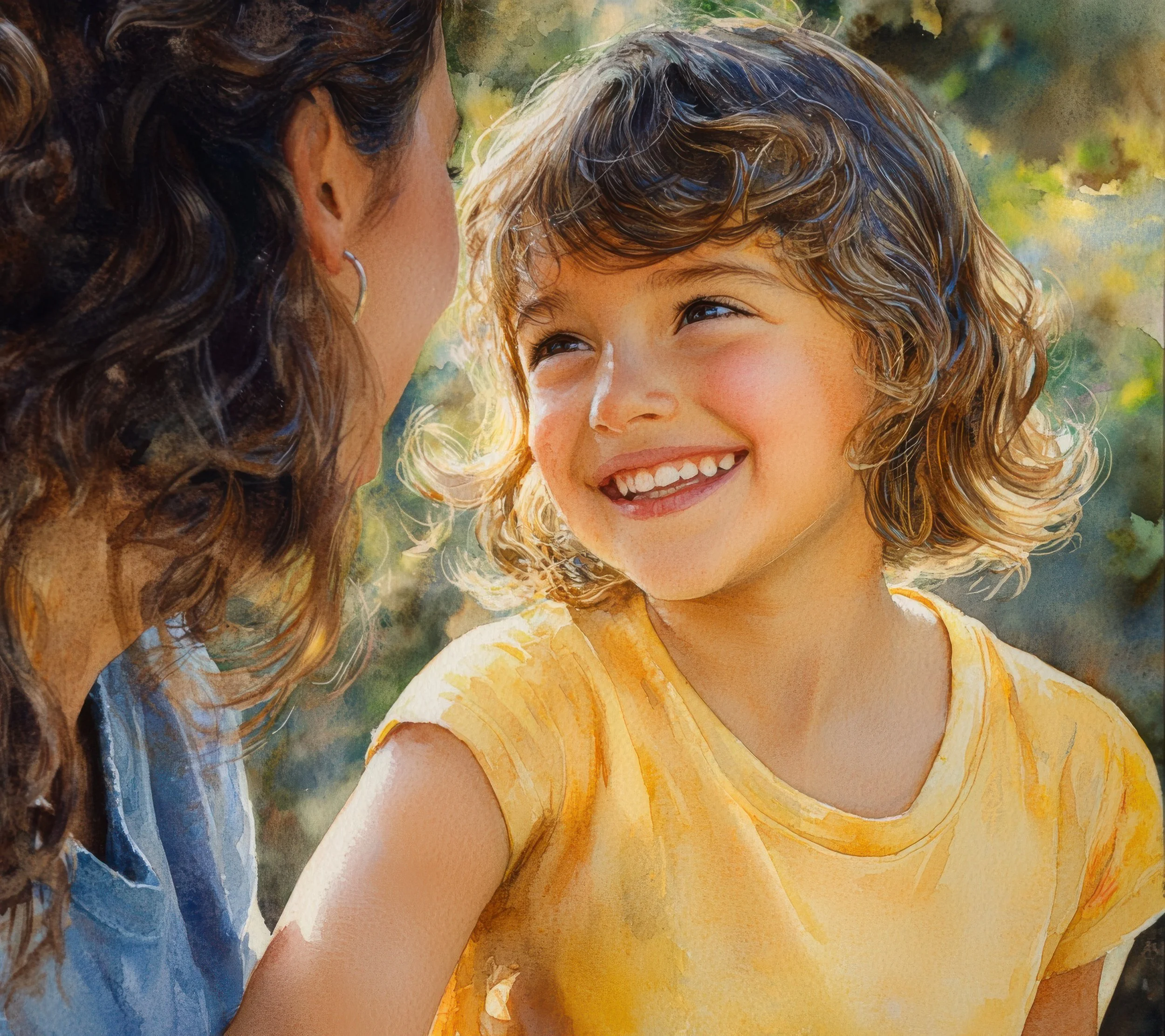 A young child shares a joyful moment with her mother in the warm afternoon sunlight.