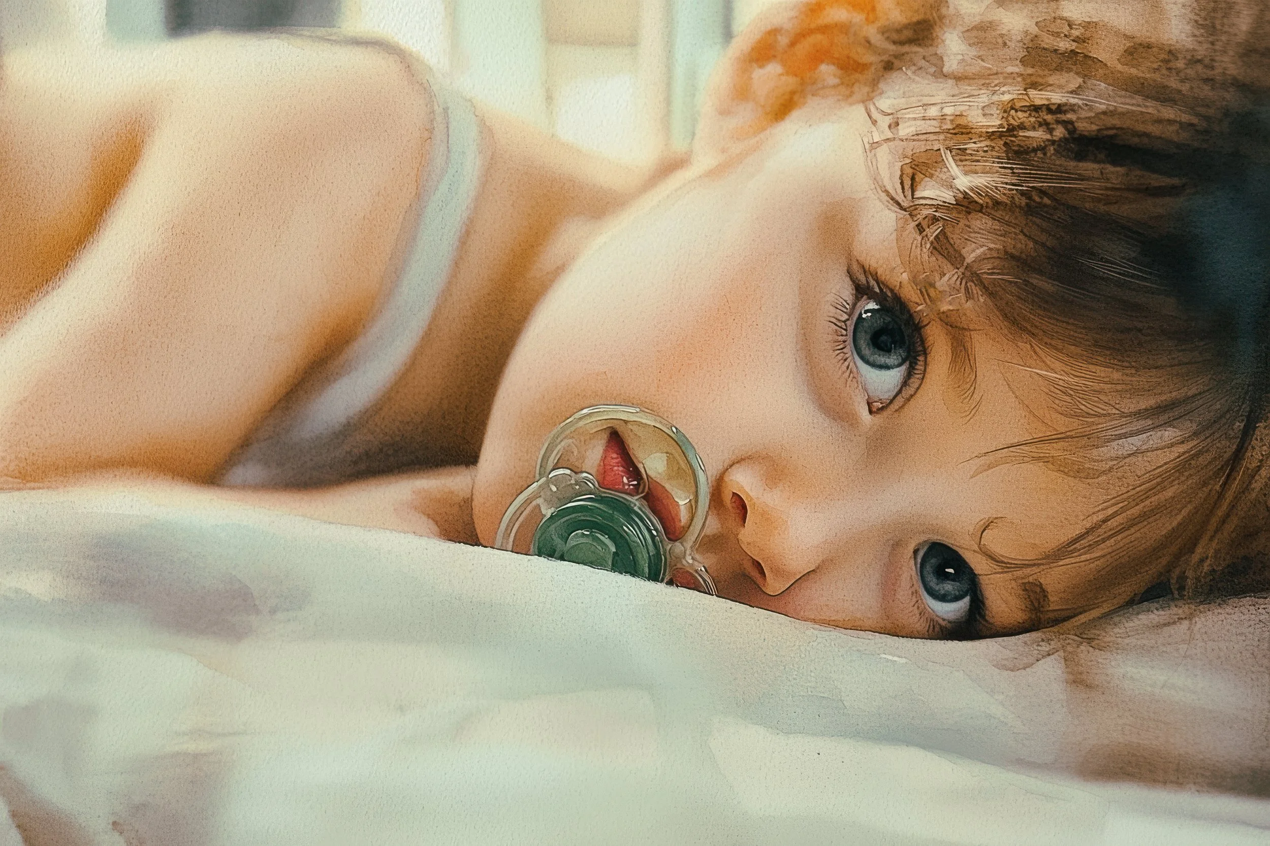 A wide-eyed baby rests quietly with a pacifier, wrapped in soft bedding and gentle light.