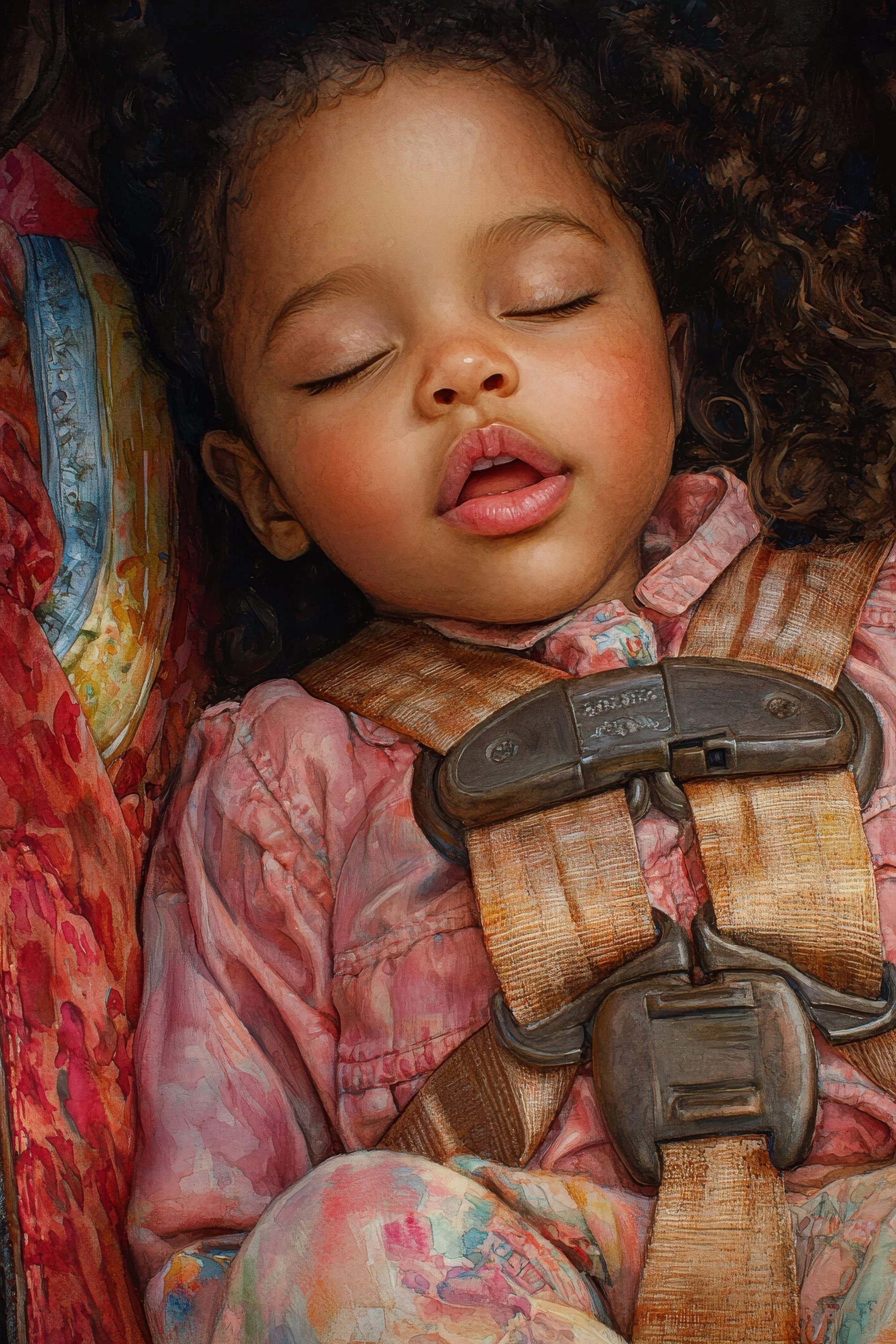 A young child sleeps peacefully while securely fastened into a car seat.