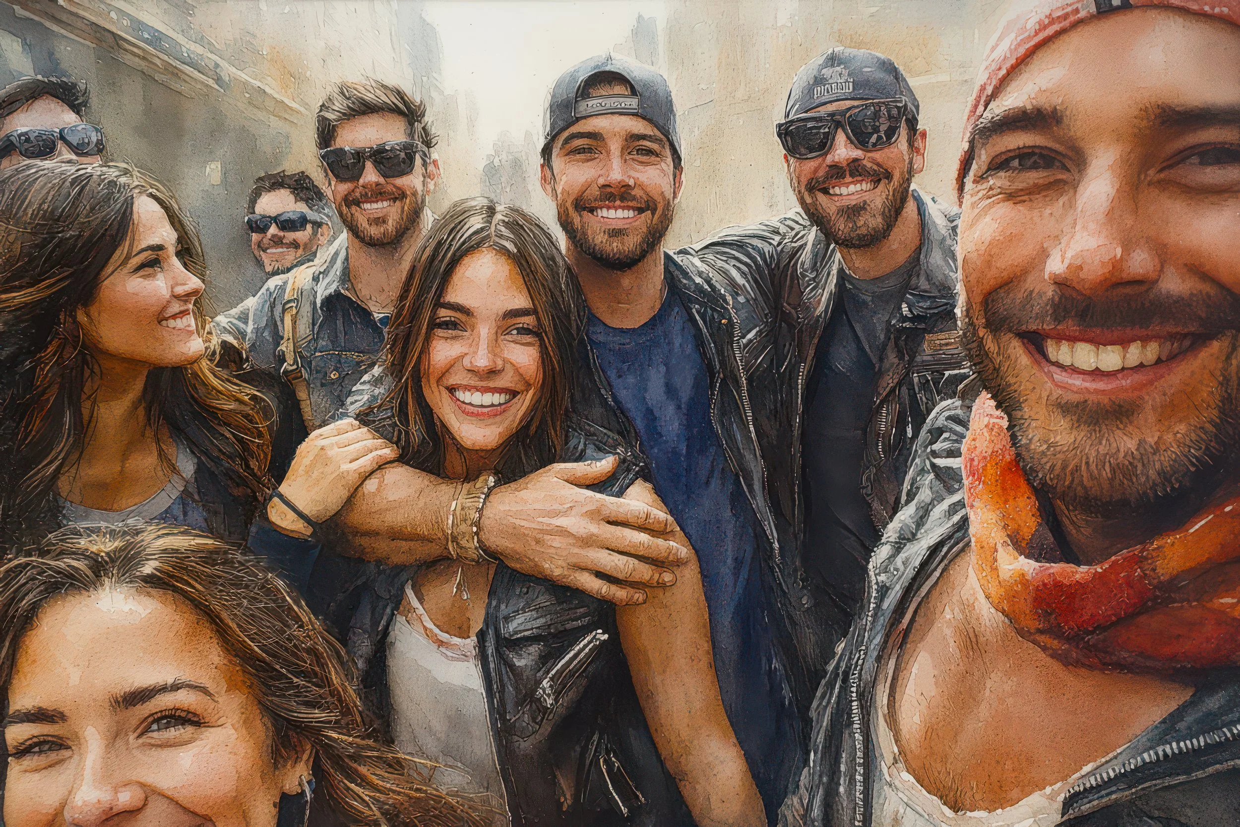 A lively group of friends crowd together for a cheerful selfie on a busy city street.