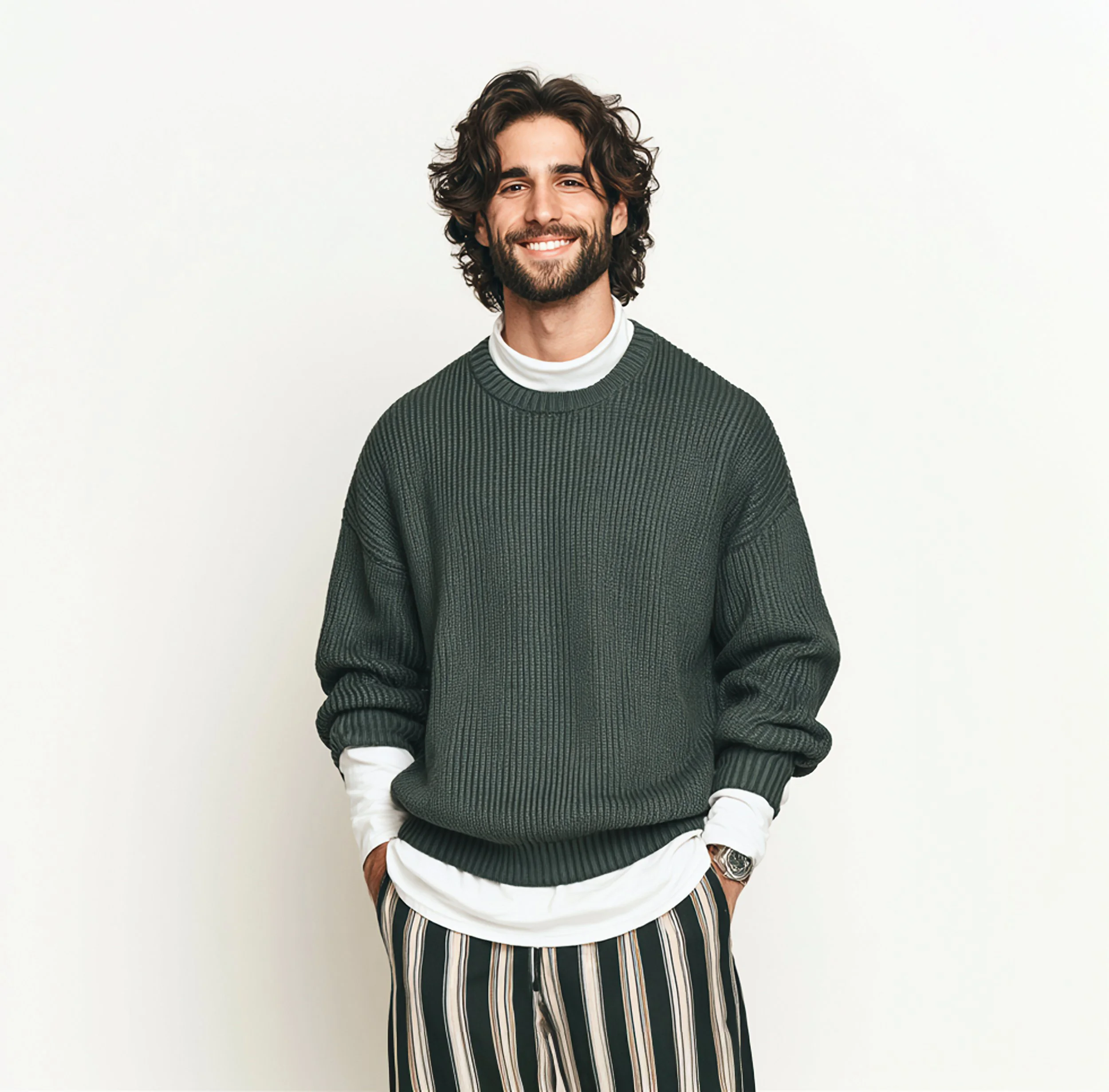 A relaxed portrait of a smiling young man wearing a dark green sweater and striped trousers.
