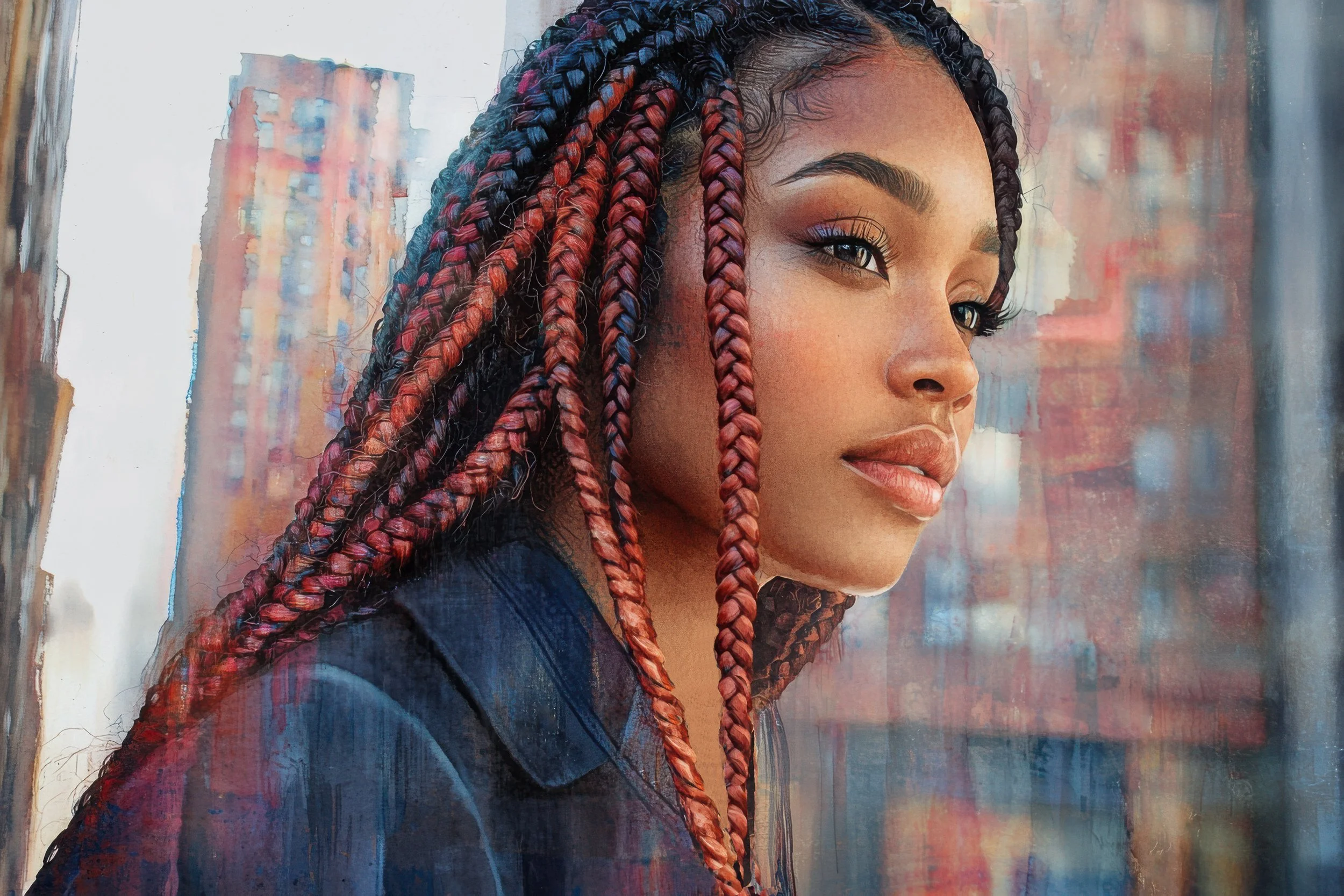 A young woman with long red-and-black braids looks confidently across a softly rendered city street.