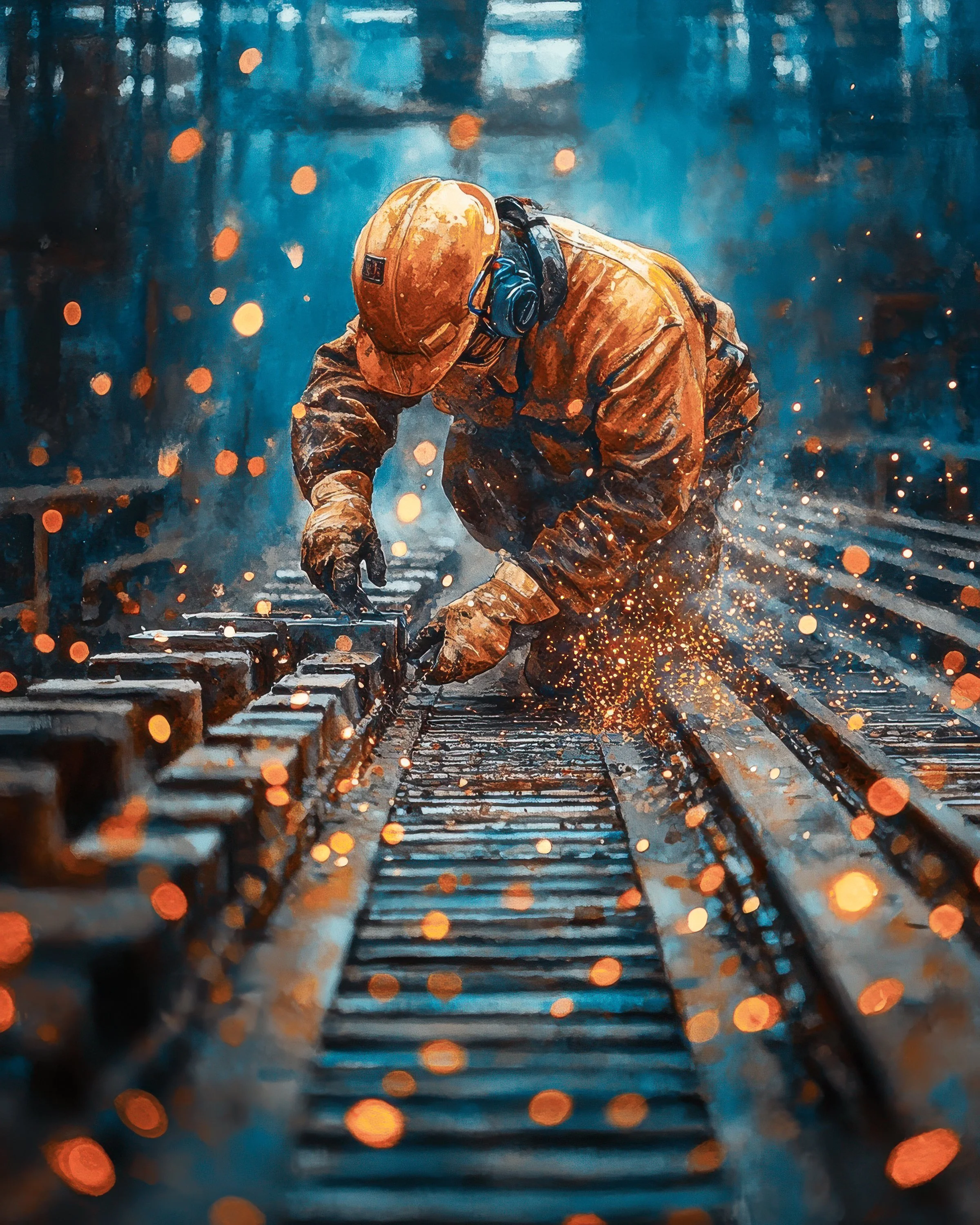 An industrial worker wearing protective equipment grinds steel as sparks scatter across the factory floor.