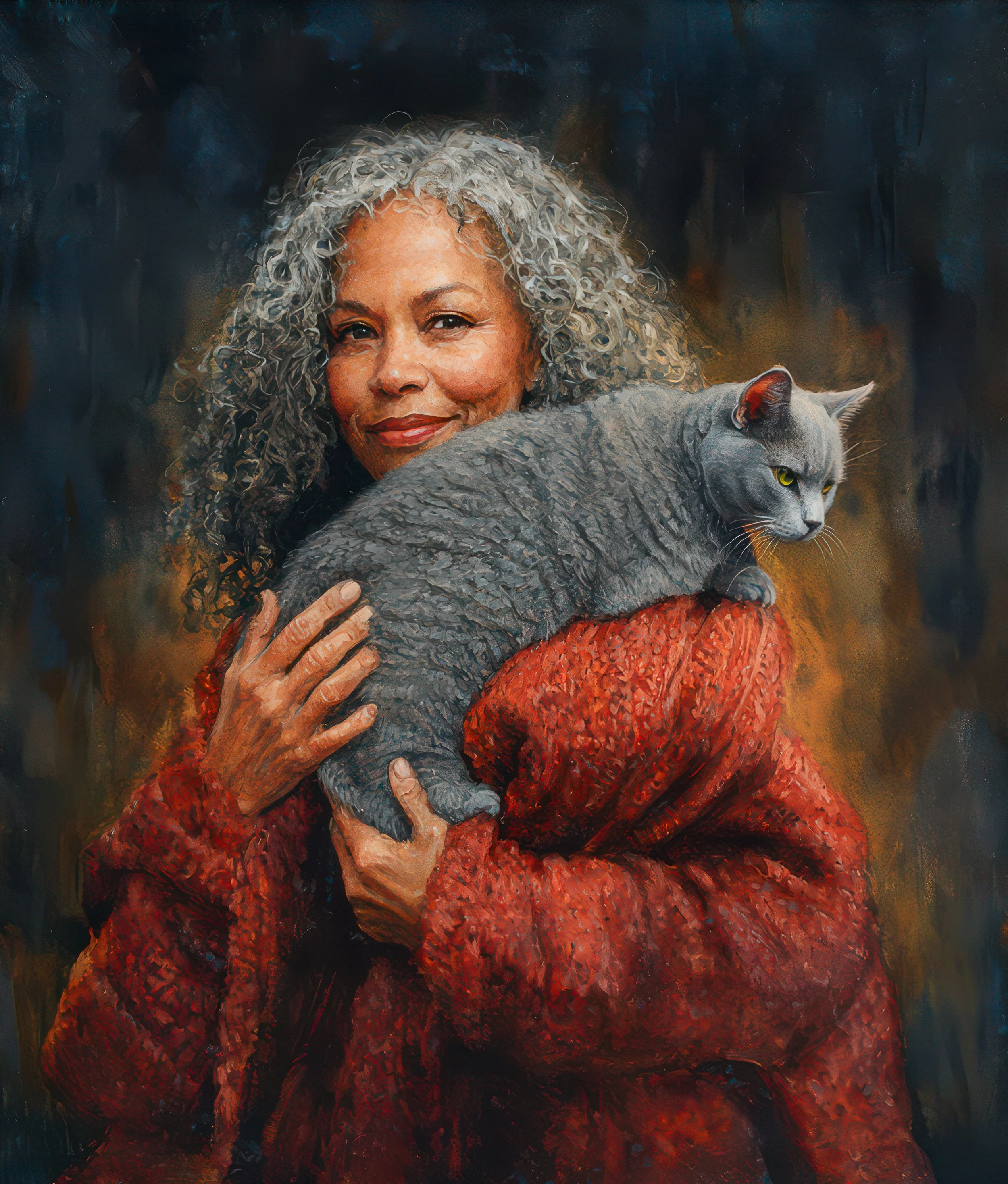 A studio portrait of an older woman in a richly textured red sweater holds a gray cat closely against a dark, painterly background.