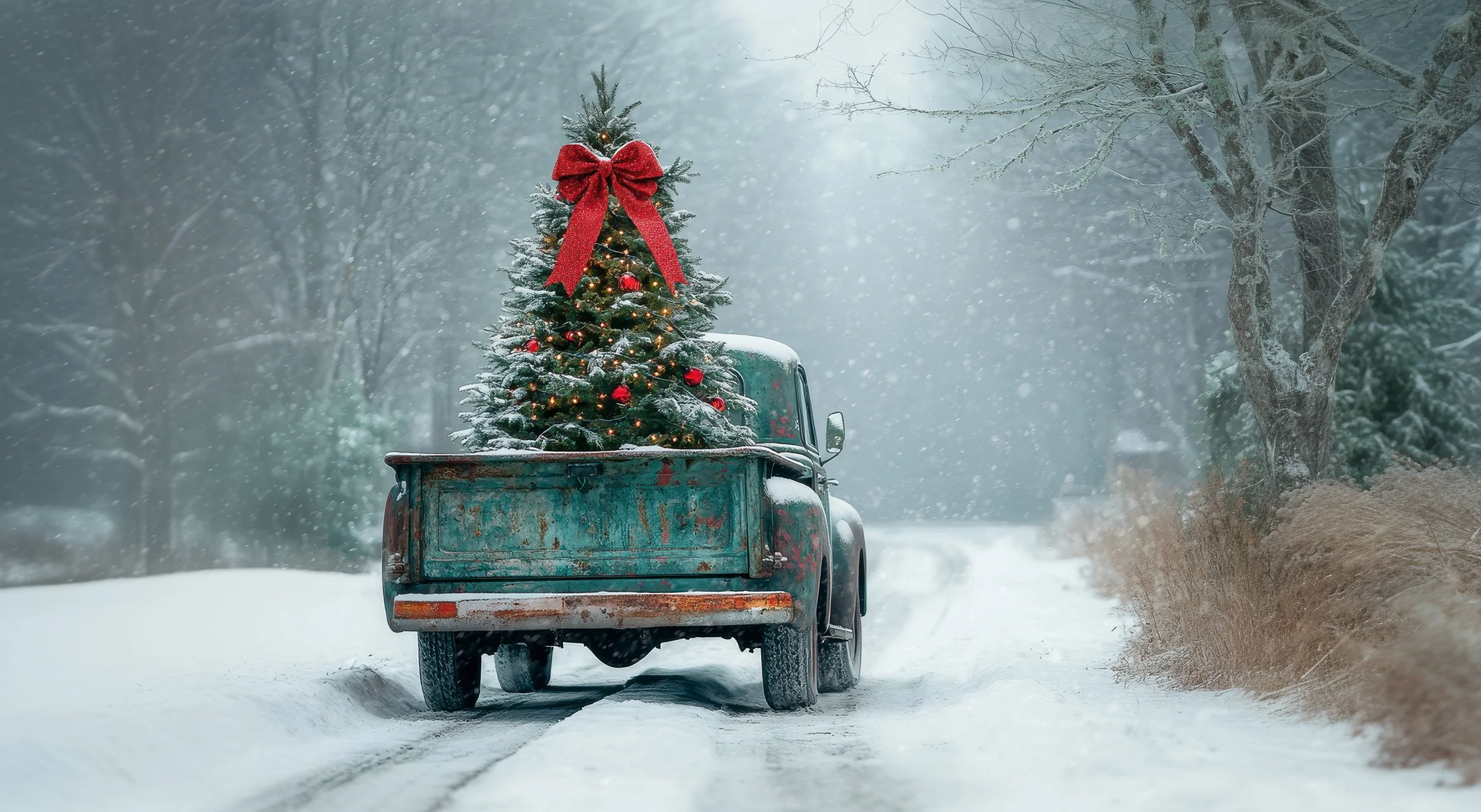 A weathered vintage pickup carries a decorated Christmas tree along a quiet country road during a heavy snowfall.
