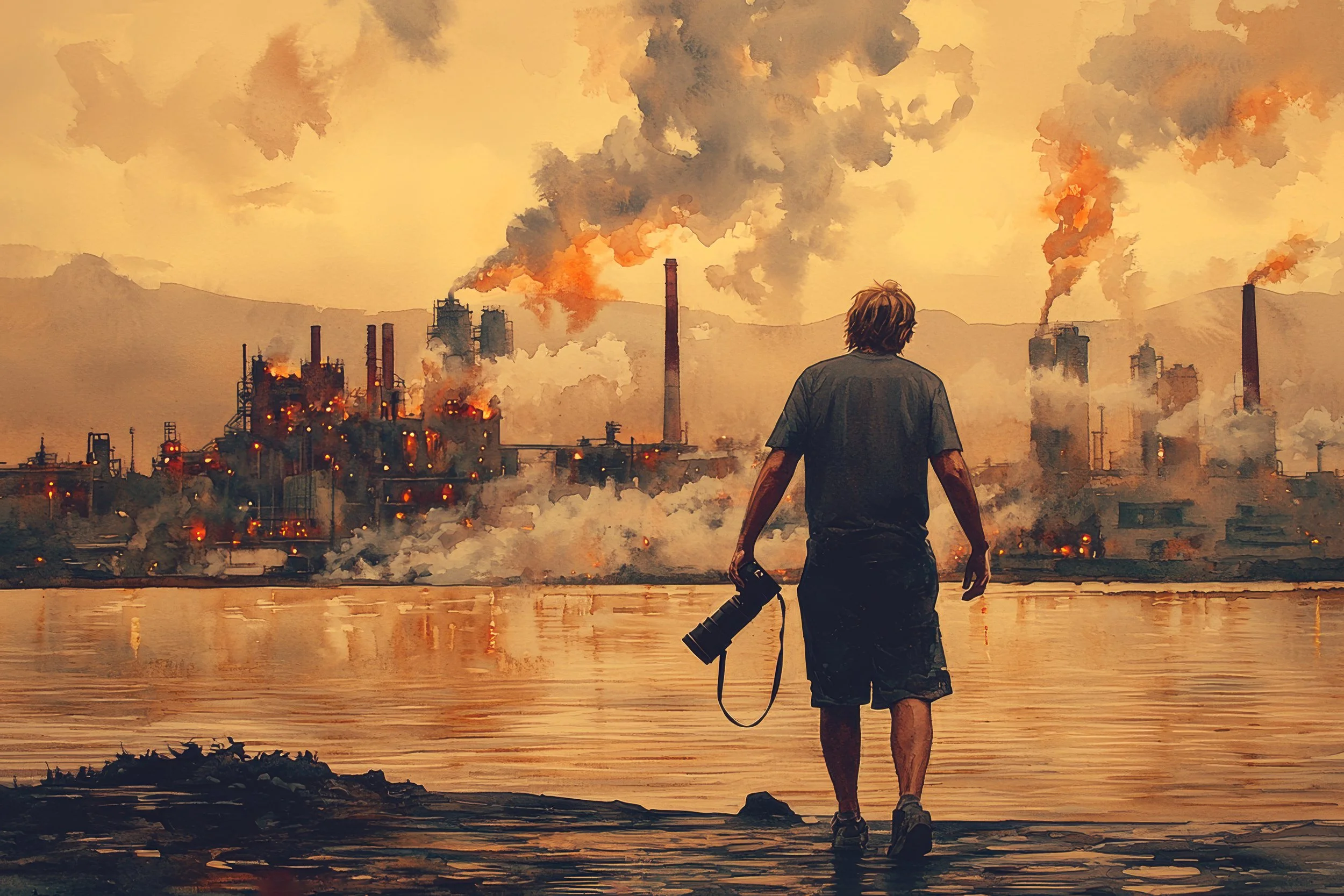 A photographer stands at the water’s edge facing a vast industrial complex filled with smoke, steam, and glowing machinery.