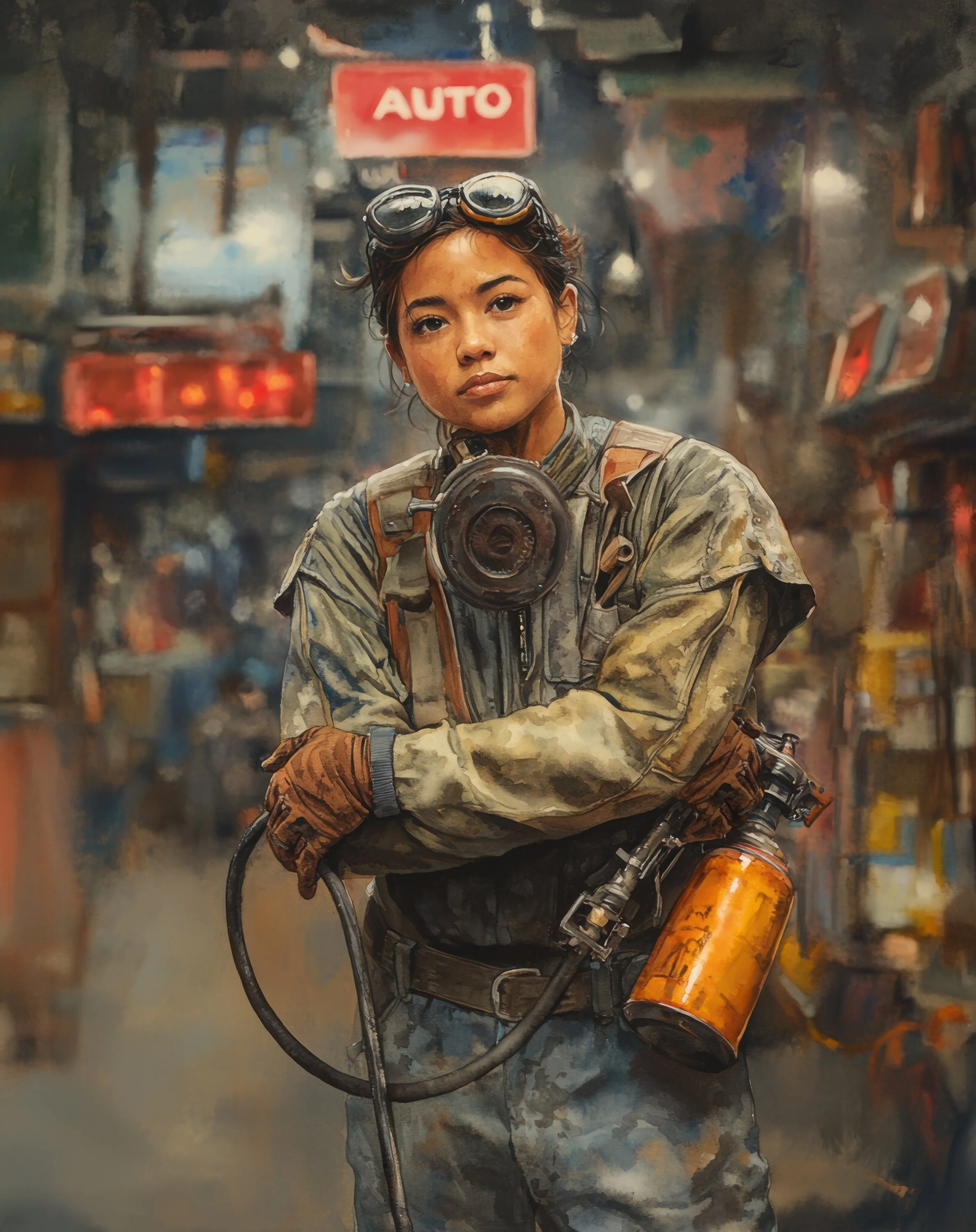 A female auto body worker wearing protective goggles and a respirator stands inside a busy repair shop.