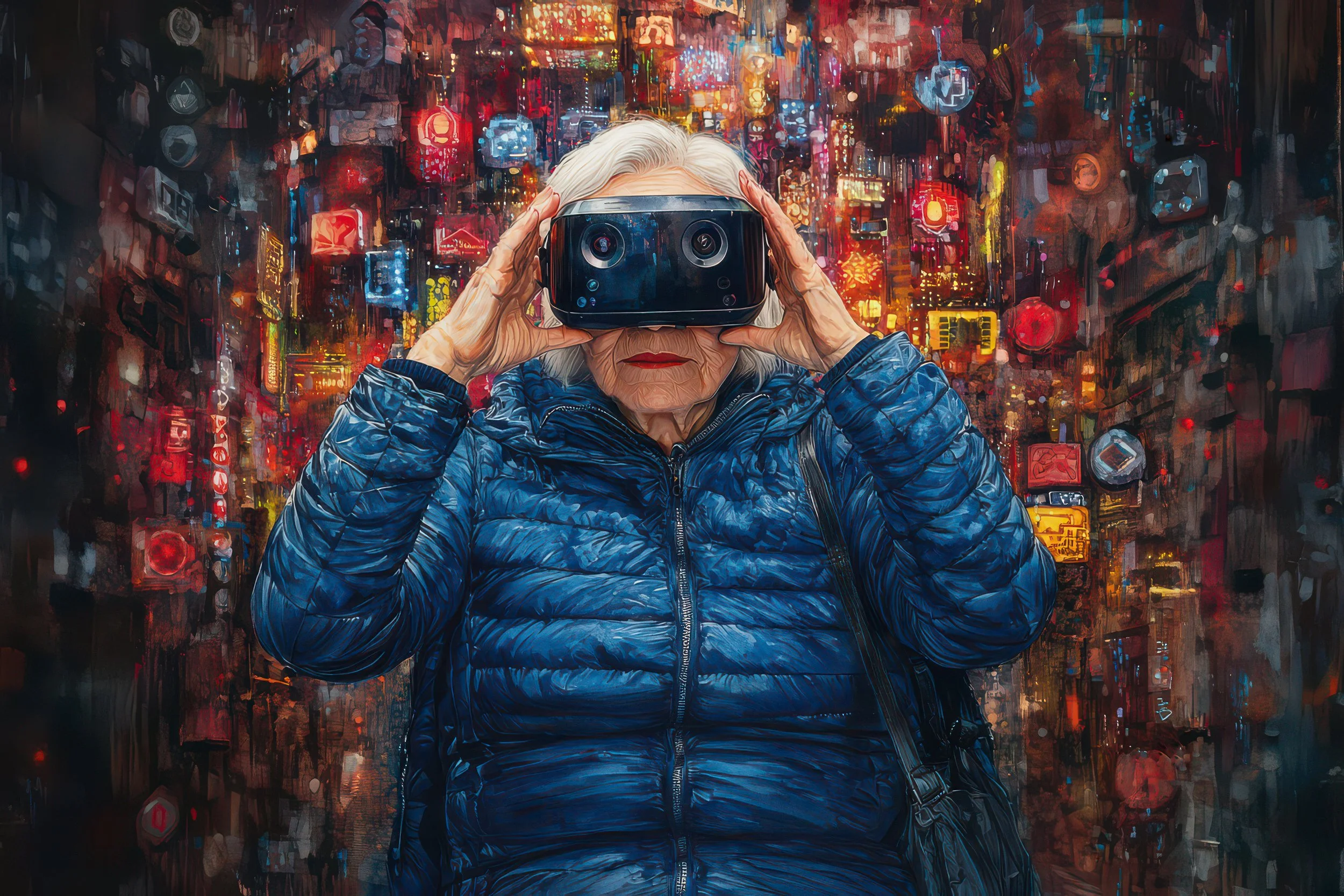 An older woman wearing a virtual-reality headset explores a vivid world of glowing city lights and digital imagery.