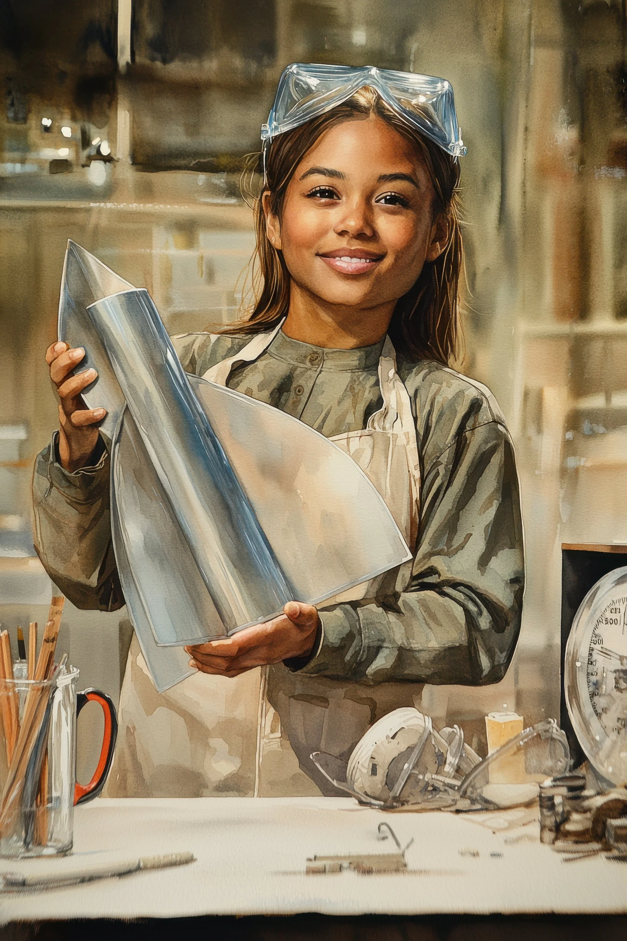 A young girl wearing safety goggles holds a newly formed rocket ship model inside her garage workshop..