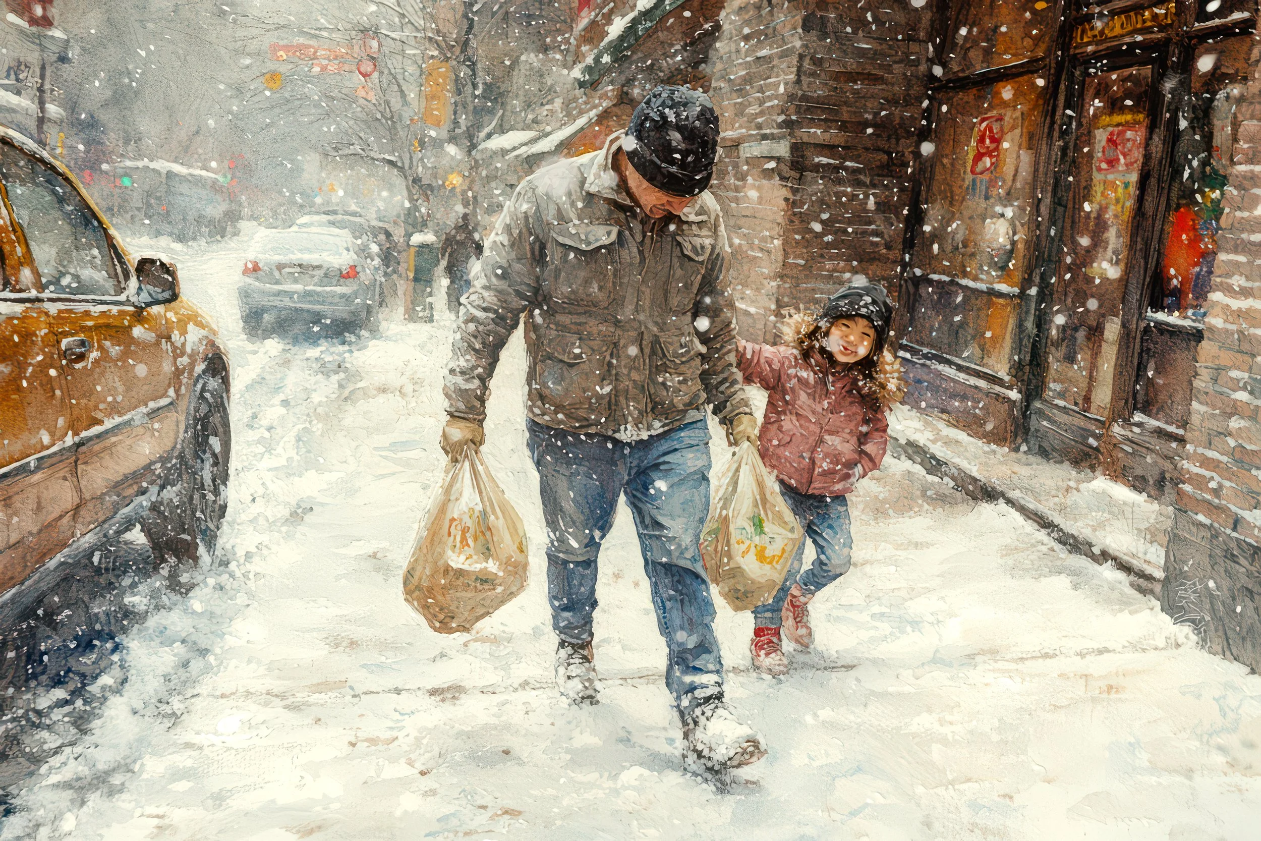 A man and young child make their way along a snow-covered city sidewalk carrying bags of groceries through a winter storm.
