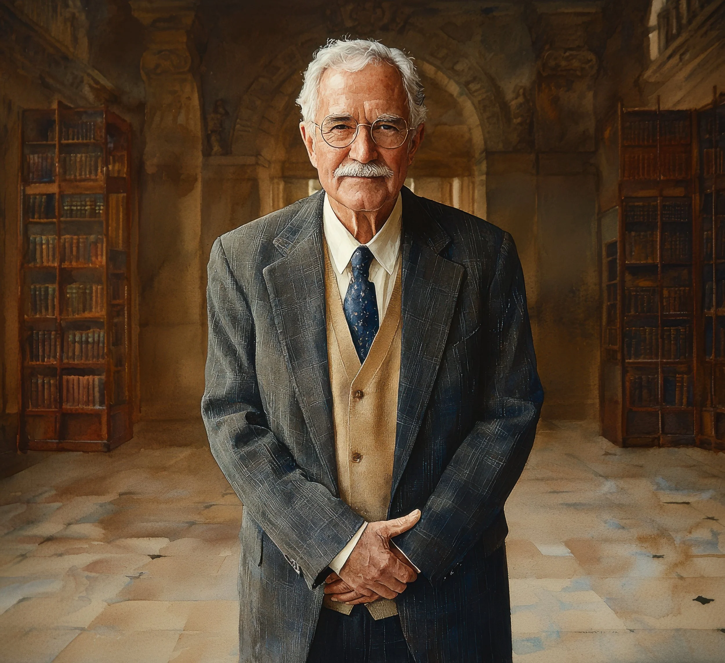 A distinguished older man in a traditional suit stands inside a grand library lined with books.