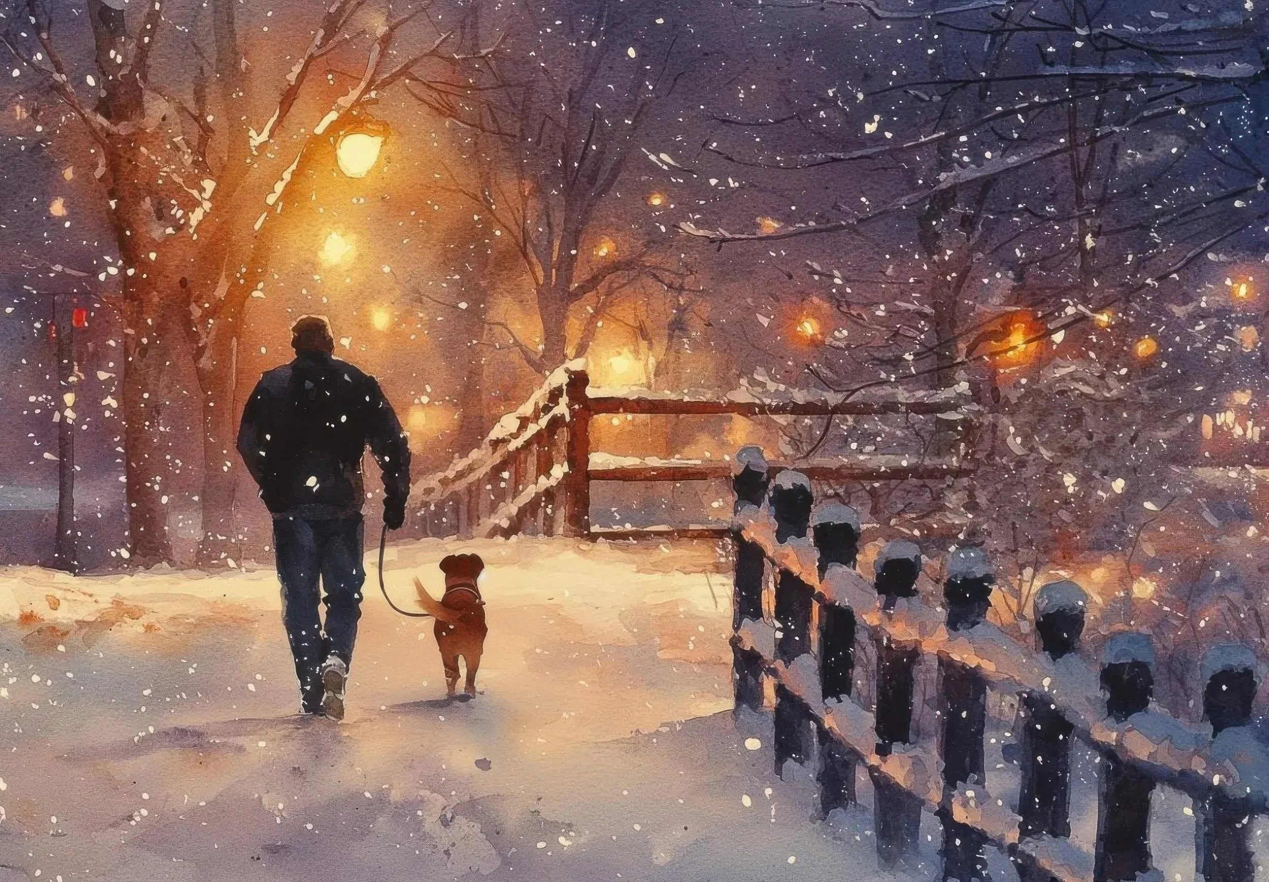 A man walks his small dog through a snow-covered park beneath glowing streetlights.