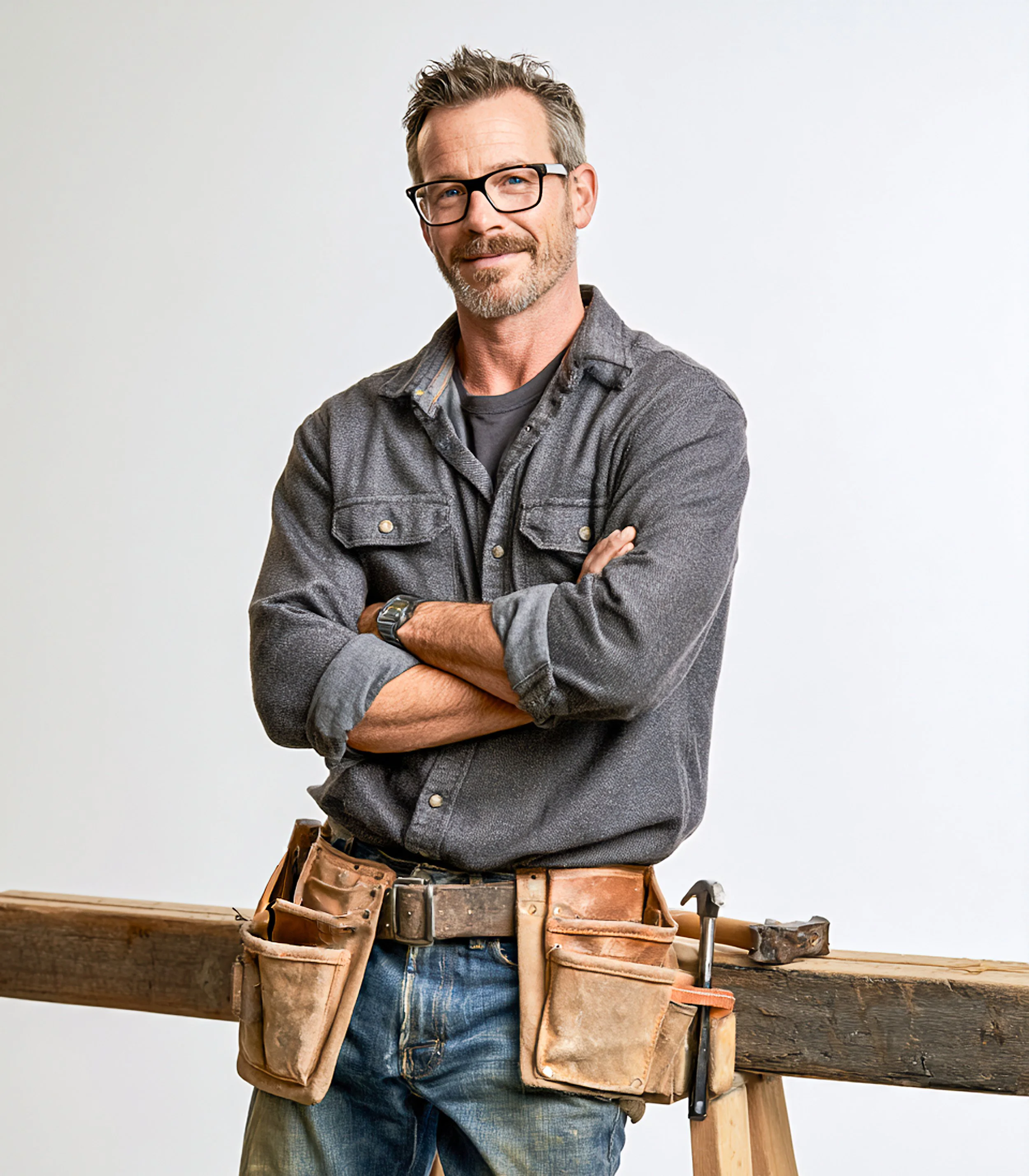 A studio portrait of a carpenter wearing a tool belt and standing with folded arms beside a wooden workbench.