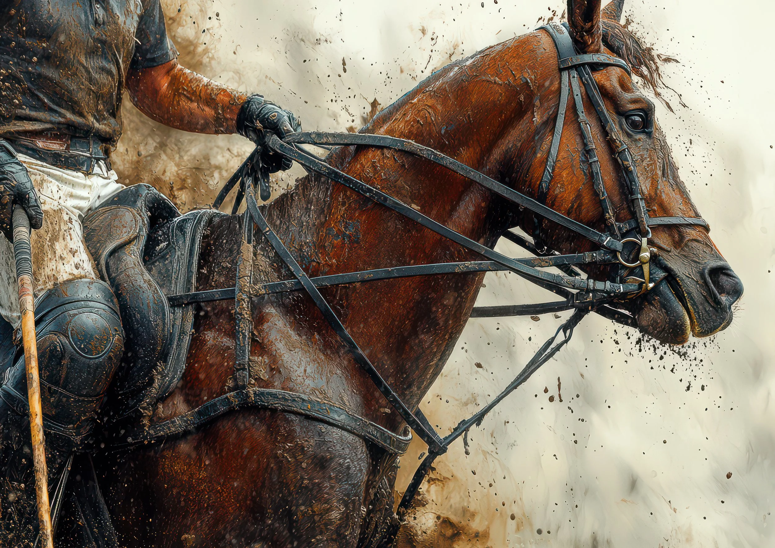 A polo horse and rider trot through flying mud during the intensity of a match.
