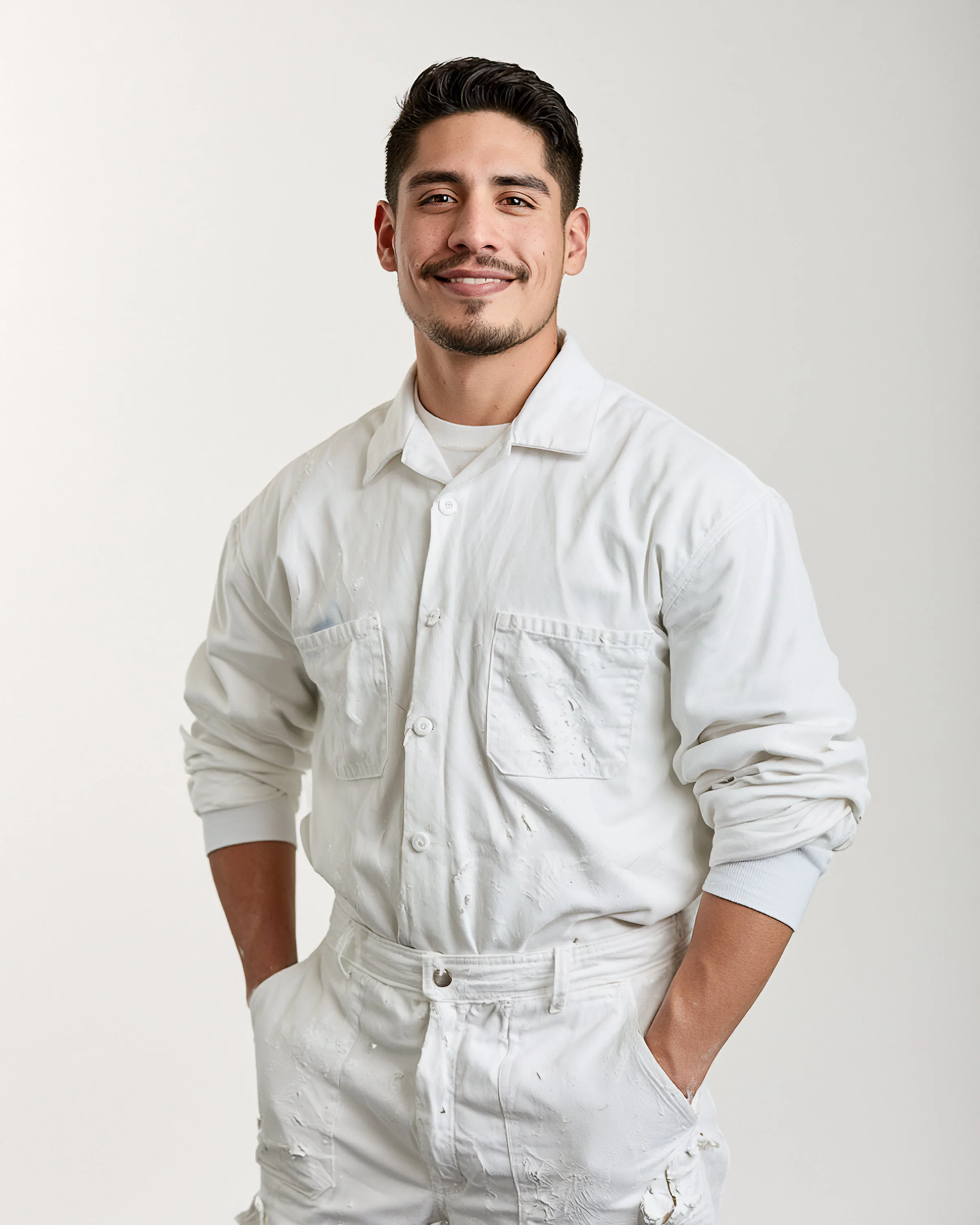 A casual portrait of a smiling young man dressed in white and standing with his hands in his pockets.