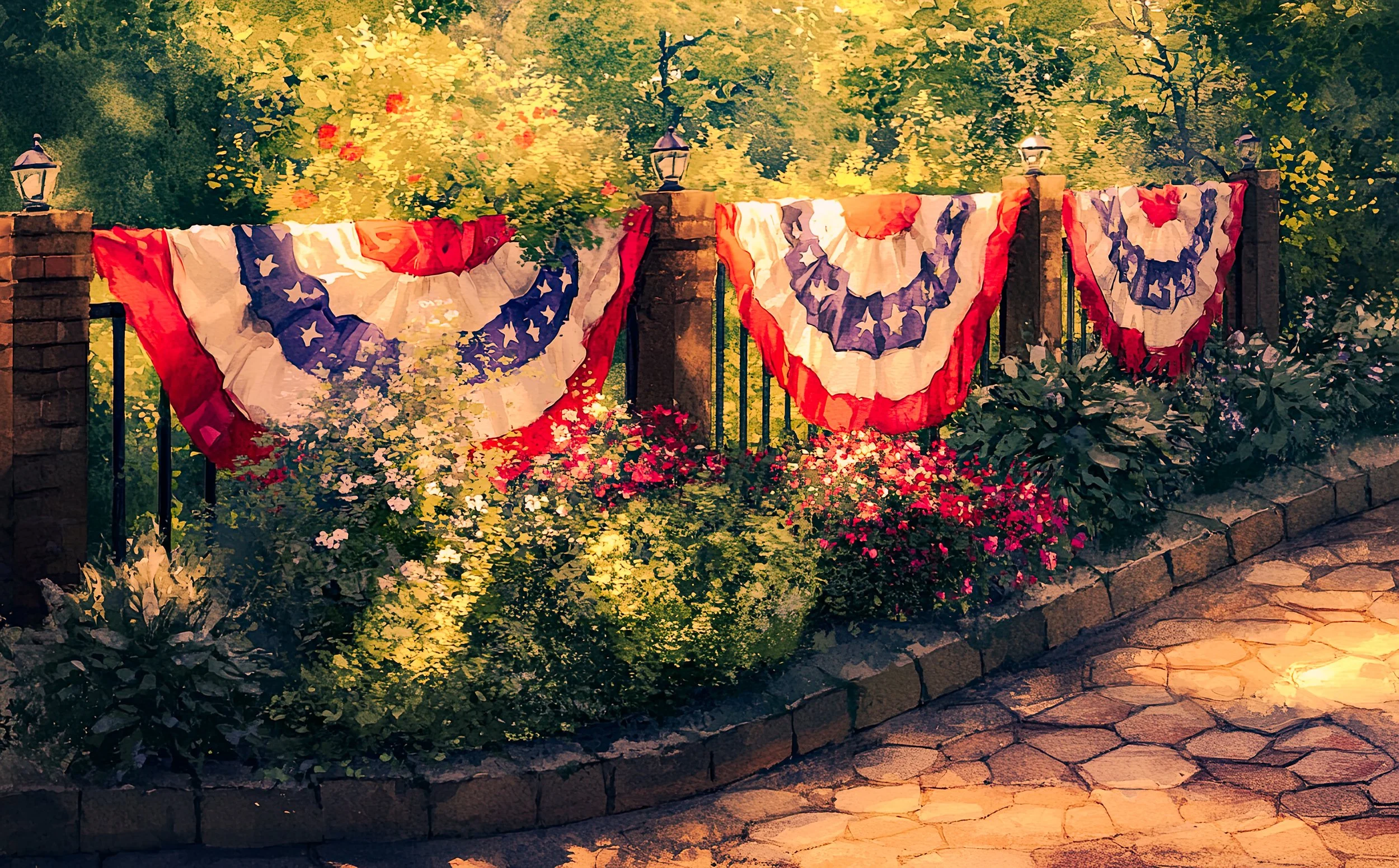 Red, white, and blue patriotic bunting hangs along an iron fence surrounded by a lush summer garden.