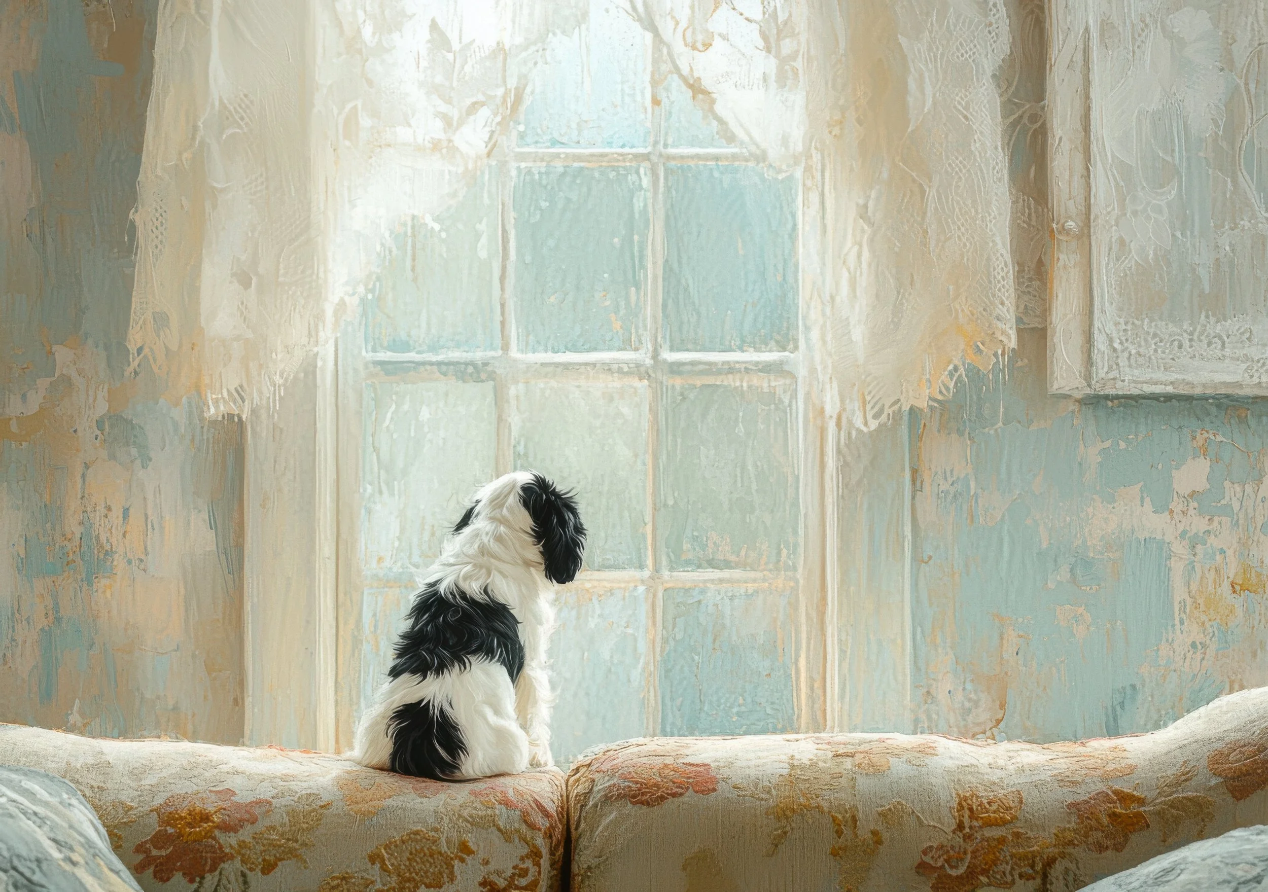 A small black-and-white dog sits quietly on the back of a sofa, looking toward the light through an old window.