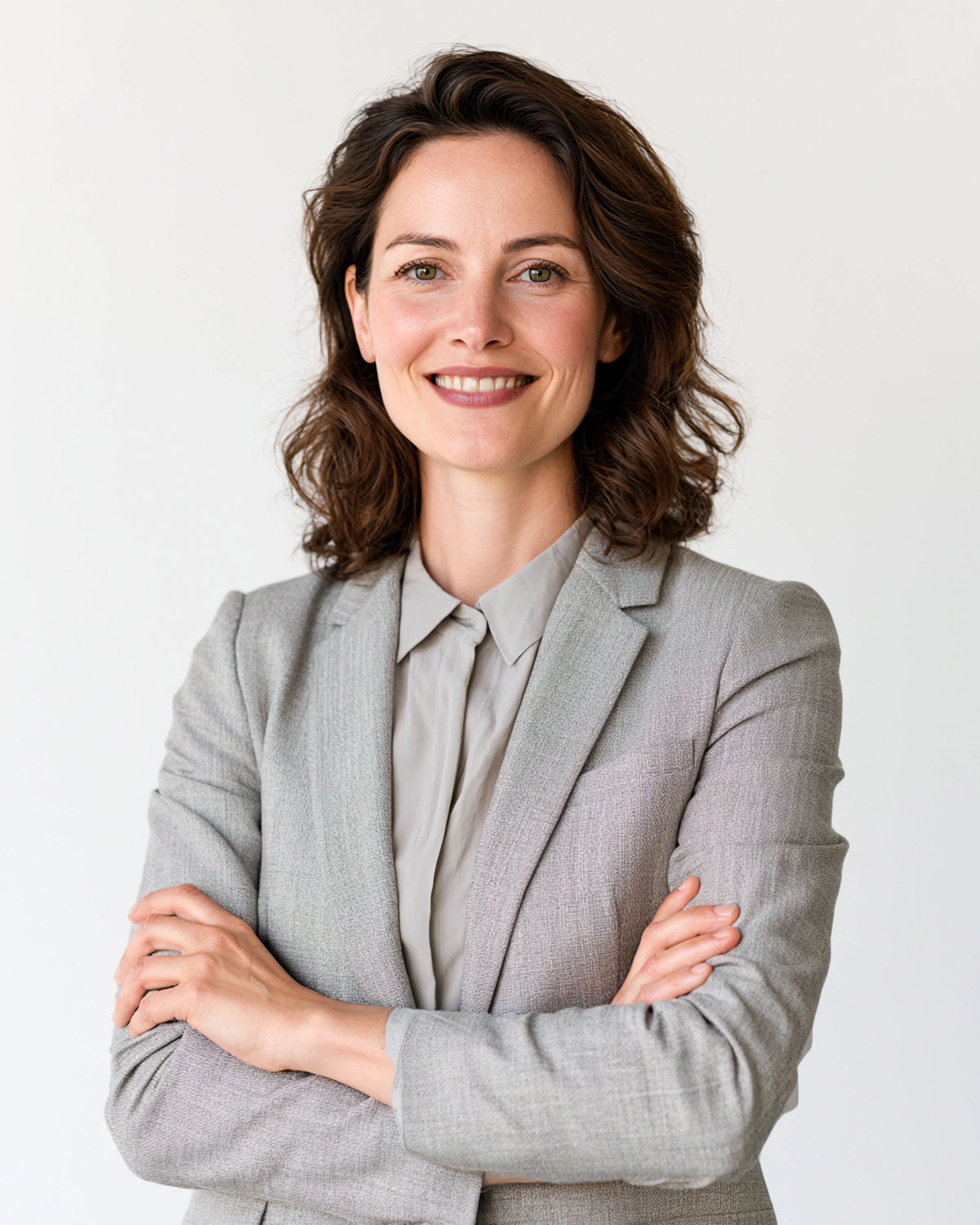 Smiling woman with shoulder-length brown hair wearing a light gray suit, standing with her arms crossed against a pale background.