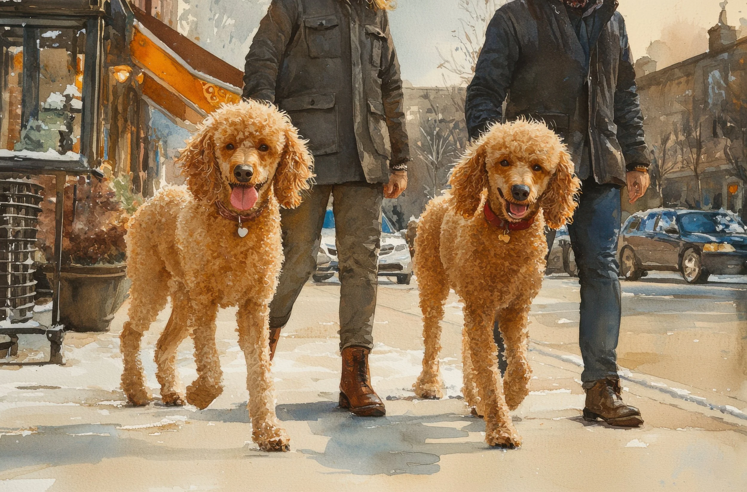 Two curly-haired dogs walk with their owners along a sunlit city sidewalk.
