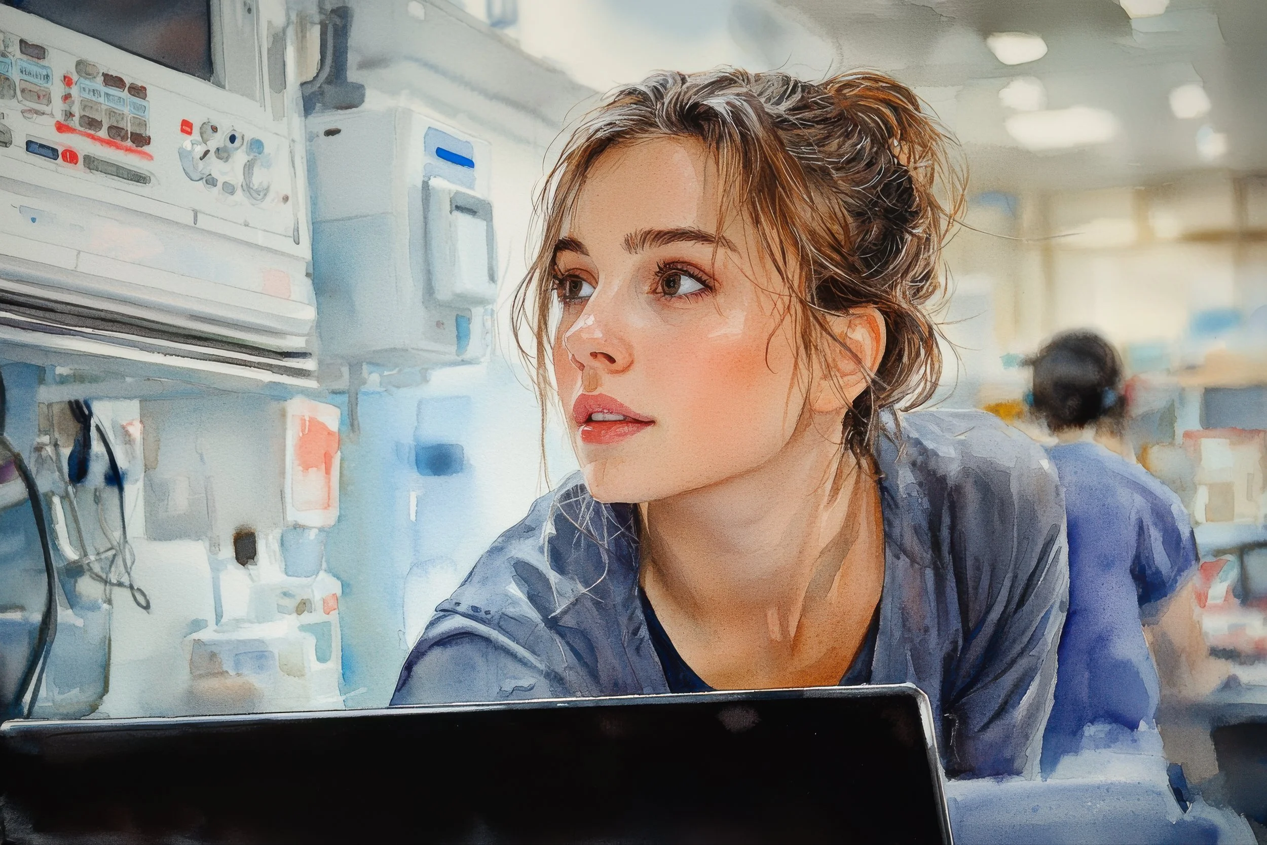 A healthcare professional watches medical equipment closely while working in a busy hospital unit.