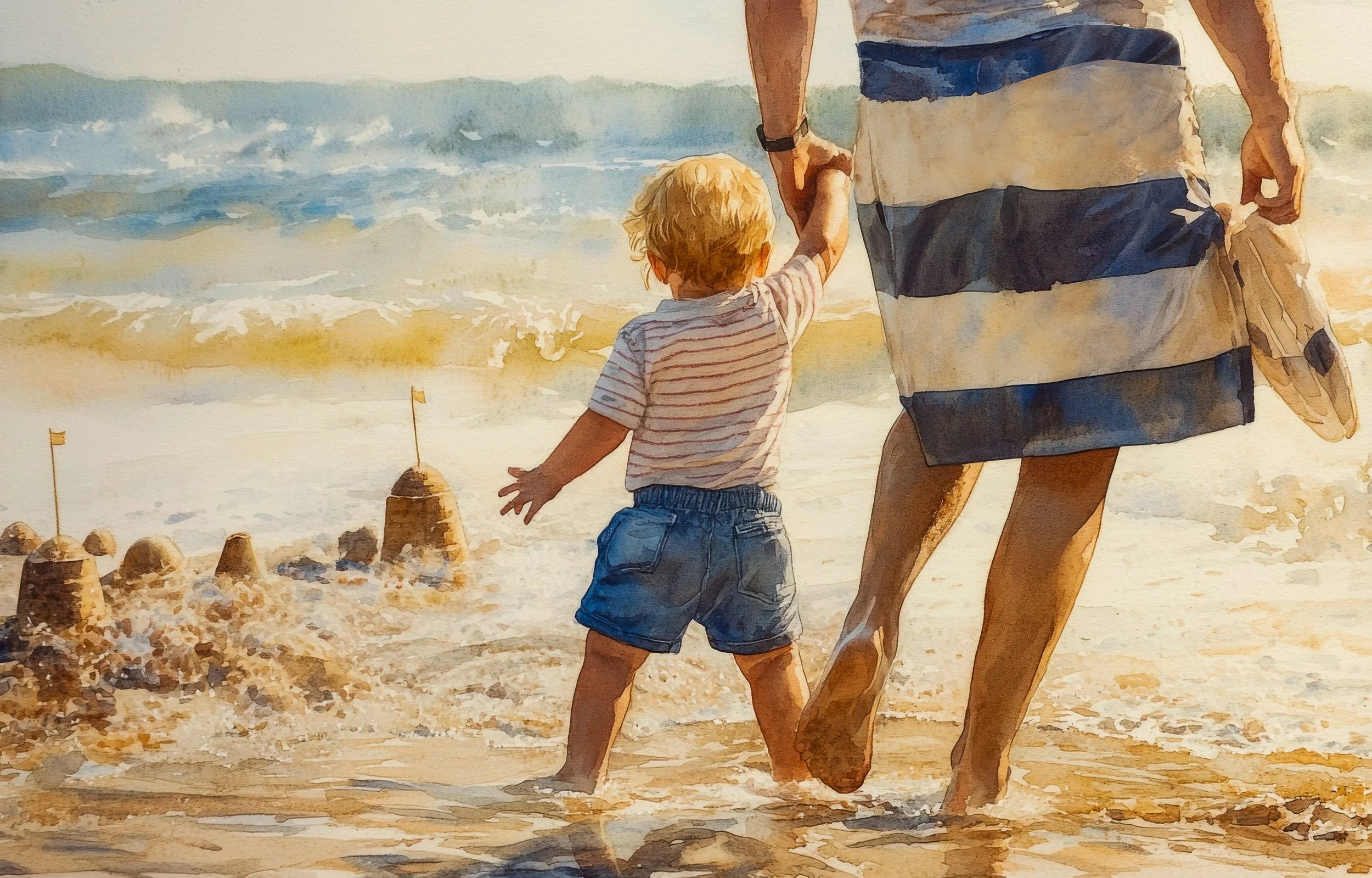 A young child holds an adult’s hand while stepping into the surf beside a row of sandcastles.