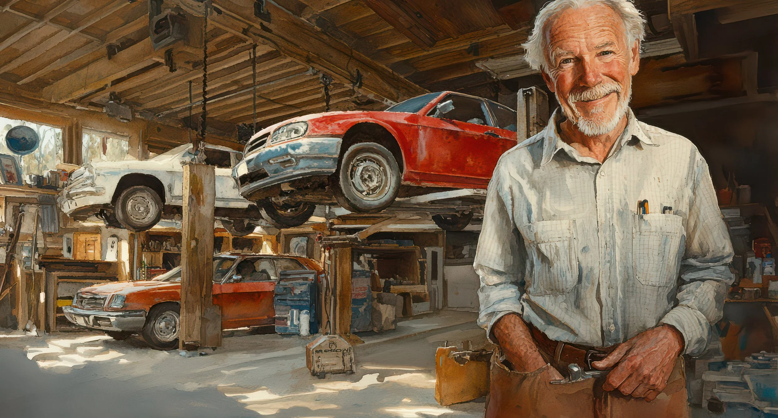 An older automobile mechanic stands proudly inside his workshop surrounded by cars, tools, and repair equipment.