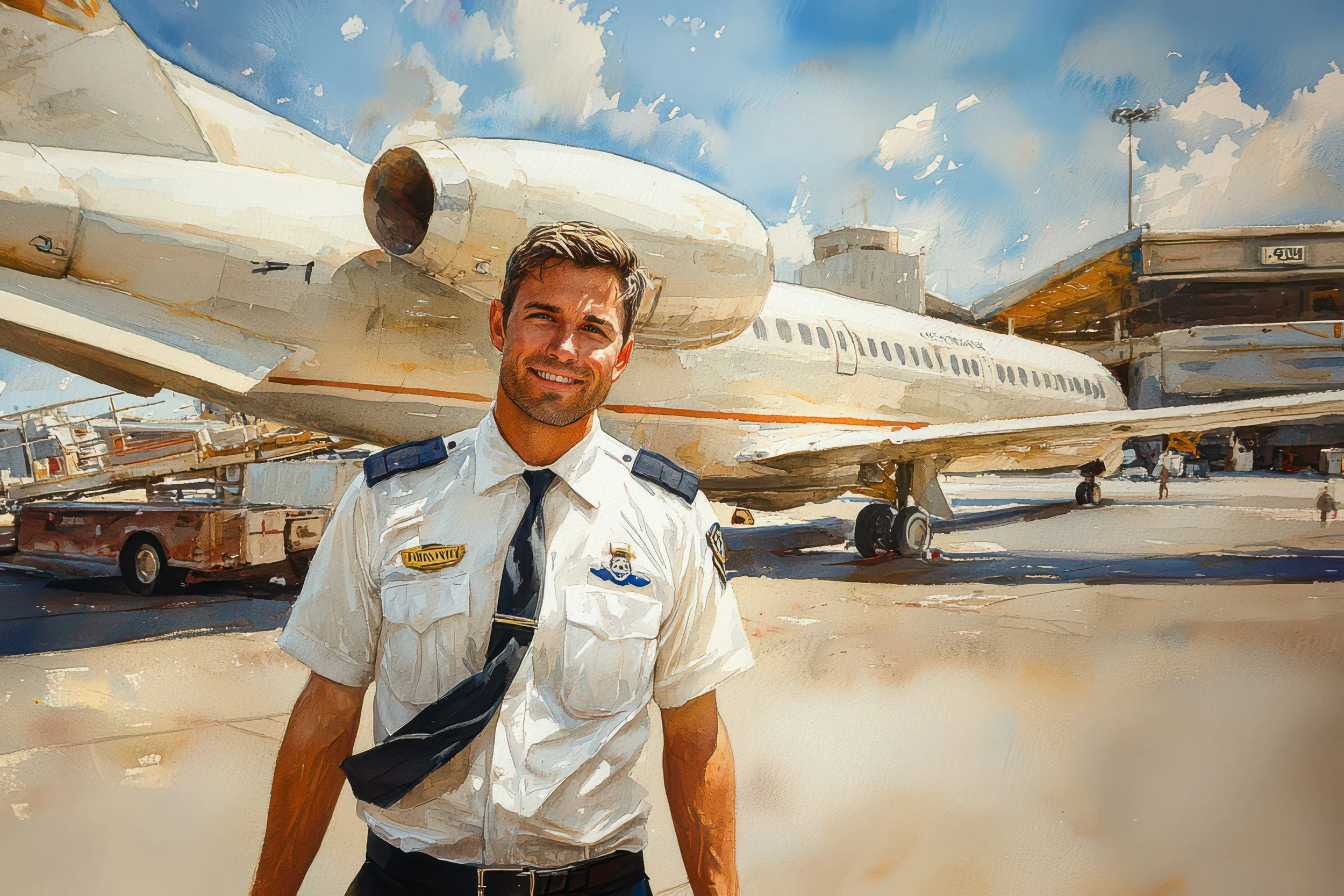 A commercial airline pilot stands on the airport tarmac in front of a passenger jet ready for its next flight.