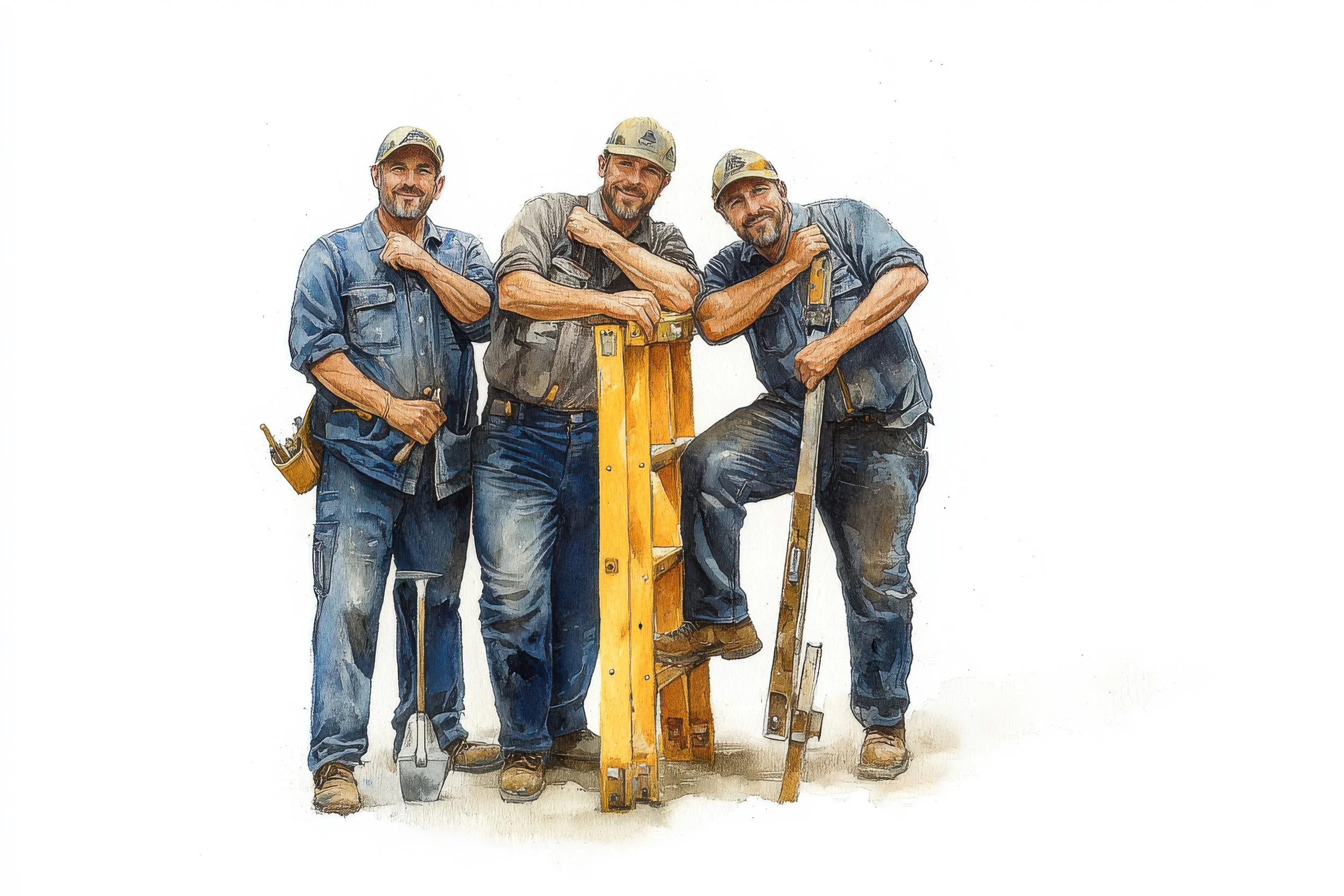 Three maintenance workers stand together with their tools around a bright yellow ladder.